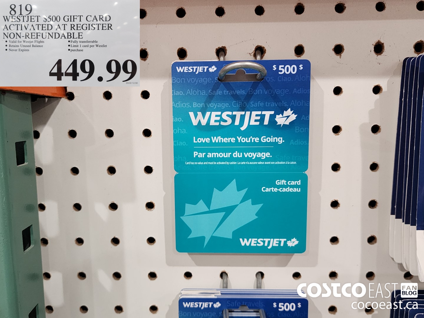 819 WESTJET 3500 GIFT CARD ACTIVATED AT REGISTER NON-REFUNDABLE $449.99