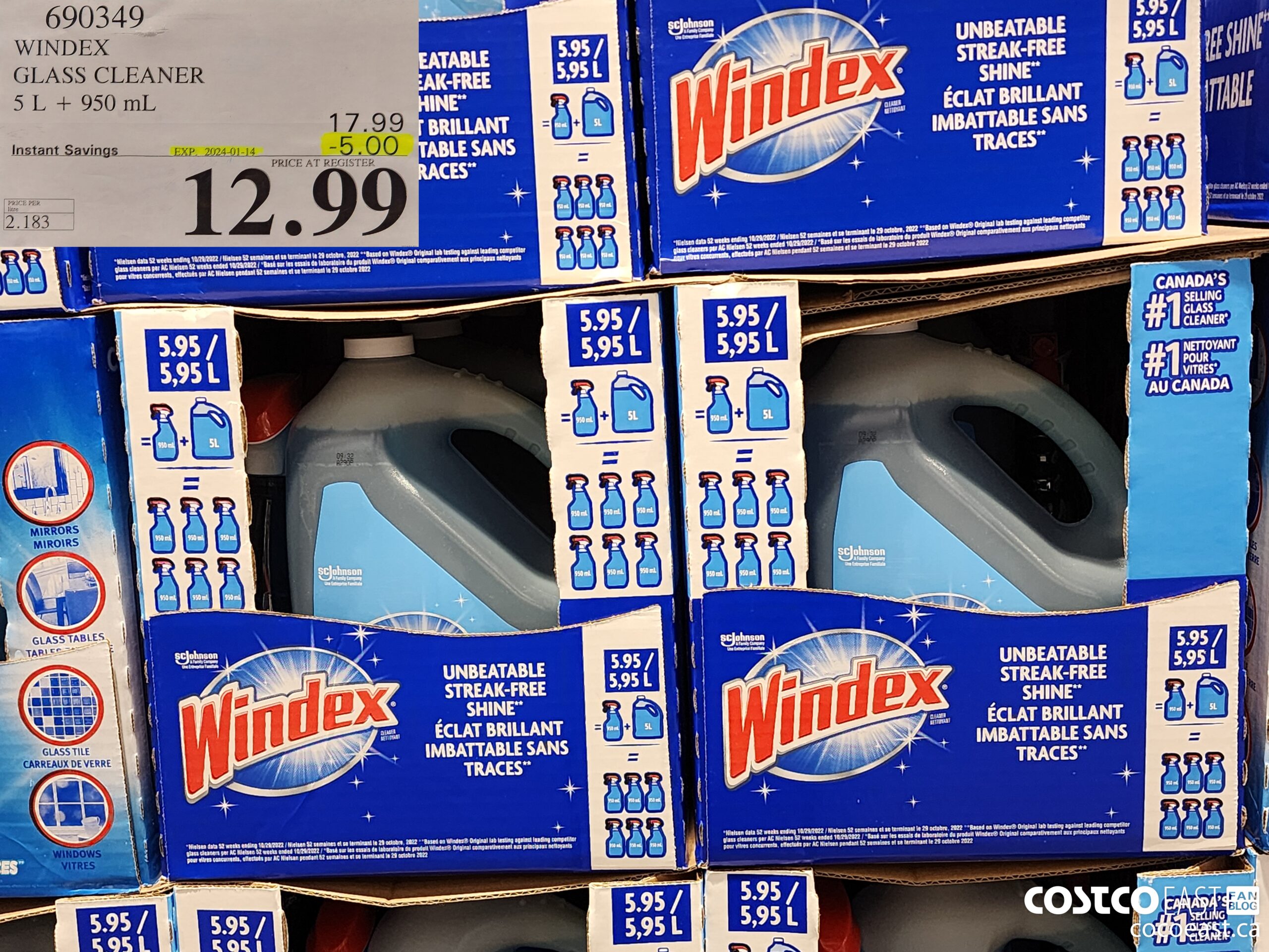 690349 WINDEX GLASS CLEANER 5 L + 950 ML ($5.00 INSTANT SAVINGS EXPIRES ON 2024-01-14) $12.99