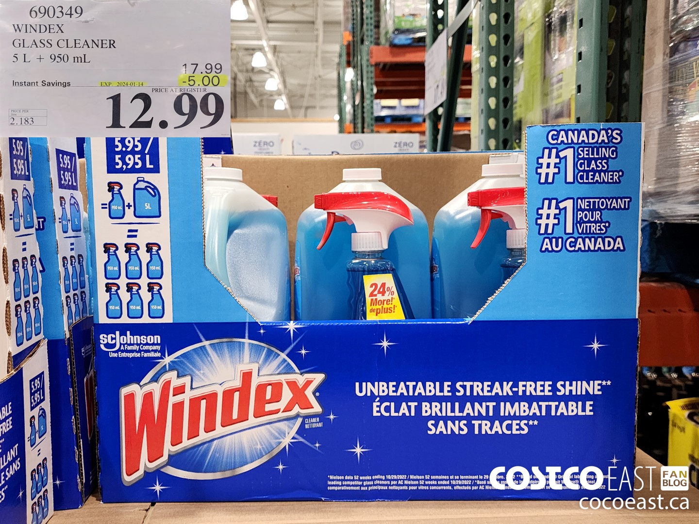 690349 WINDEX GLASS CLEANER 5 L + 950 ML ($5.00 INSTANT SAVINGS EXPIRES ON 2024-01-14) $12.99