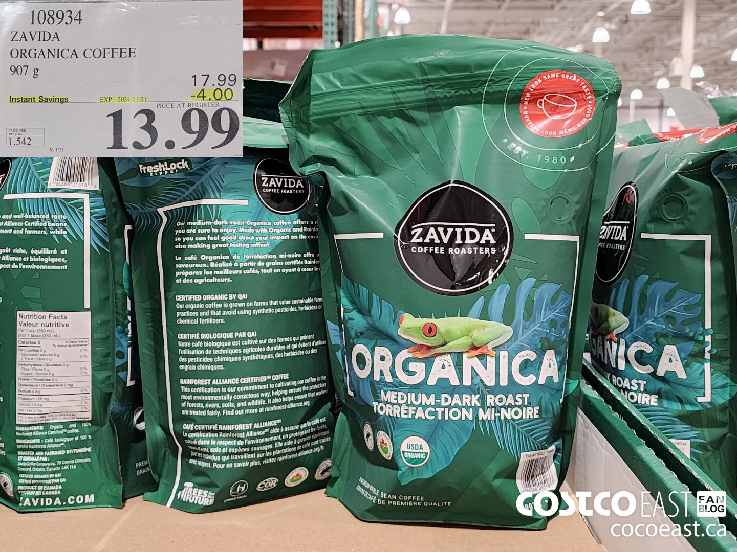 108934 ZAVIDA ORGANICA COFFEE 907 g ($4.00 INSTANT SAVINGS EXPIRES ON 2024-01-21) $13.99