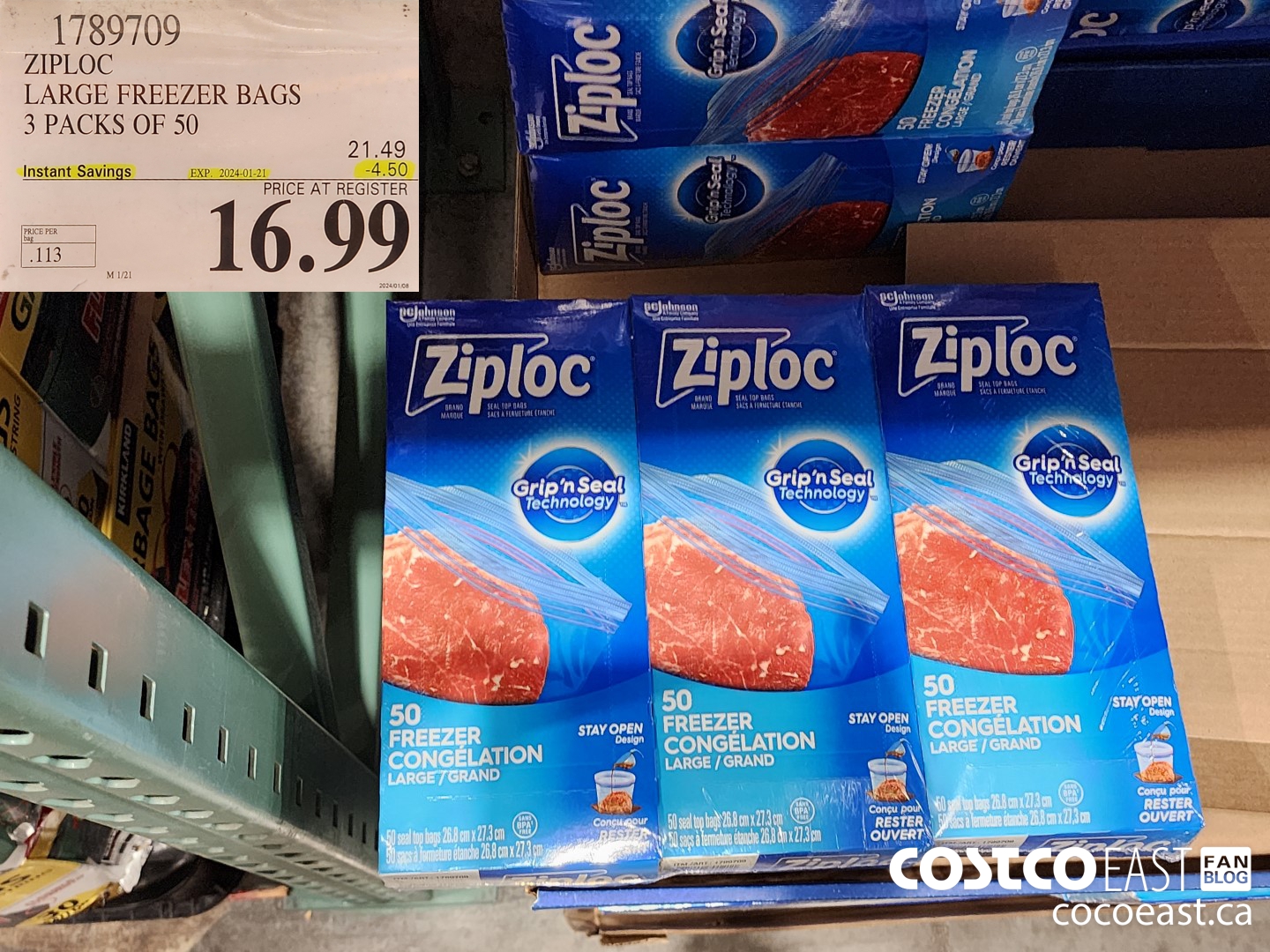 1789709 ZIPLOC LARGE FREEZER BAGS 3 PACKS OF BAGS 50 ($4.50 INSTANT SAVINGS EXPIRES ON 2024-01-21) $16.99