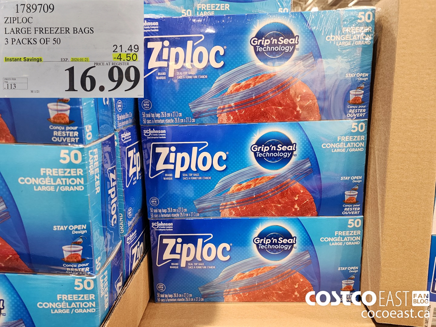 1789709 ZIPLOC LARGE FREEZER BAGS 3 PACKS OF BAGS 50 ($4.50 INSTANT SAVINGS EXPIRES ON 2024-01-21) $16.99