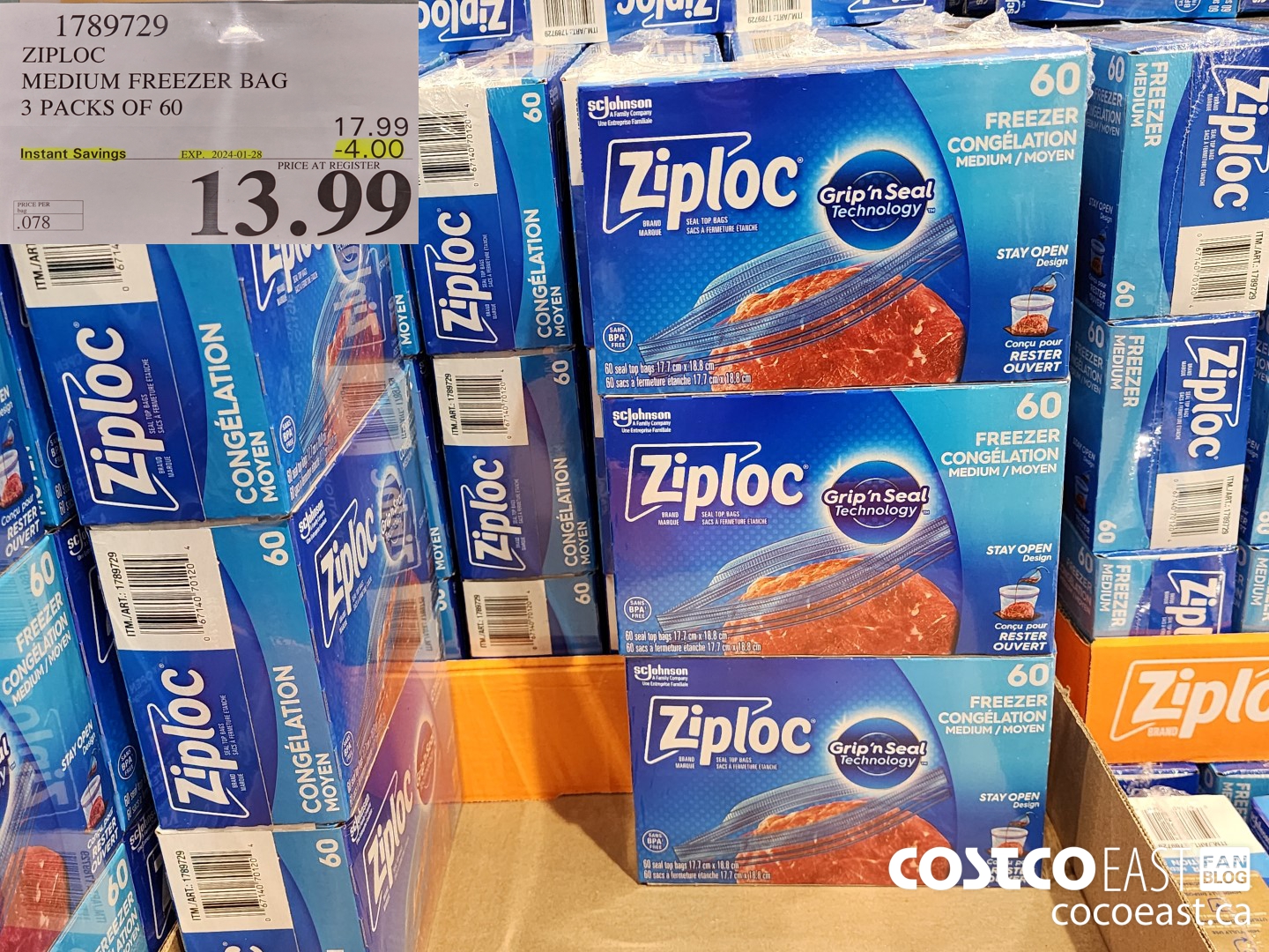 1789729 ZIPLOC MEDIUM FREEZER BAG 3 PACKS OF 60 20234-01-28 ($4.00 INSTANT SAVINGS) $13.99