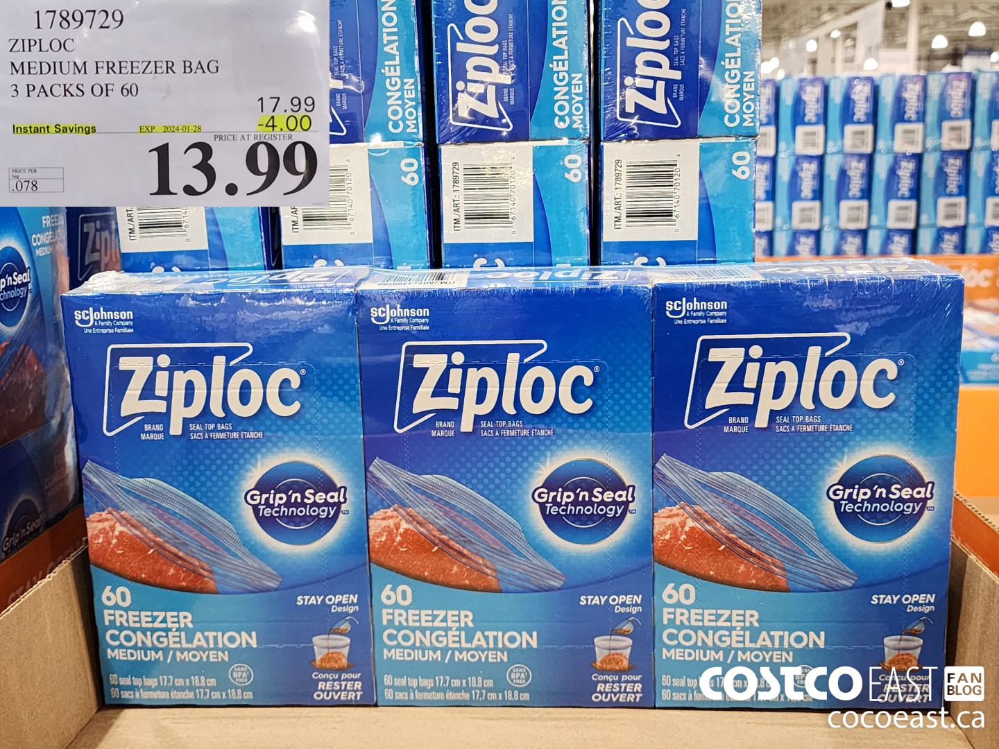 1789729 ZIPLOC MEDIUM FREEZER BAG 3 PACKS OF 60 ($4.00 INSTANT SAVINGS EXPIRES ON 2024-01-28) $13.99