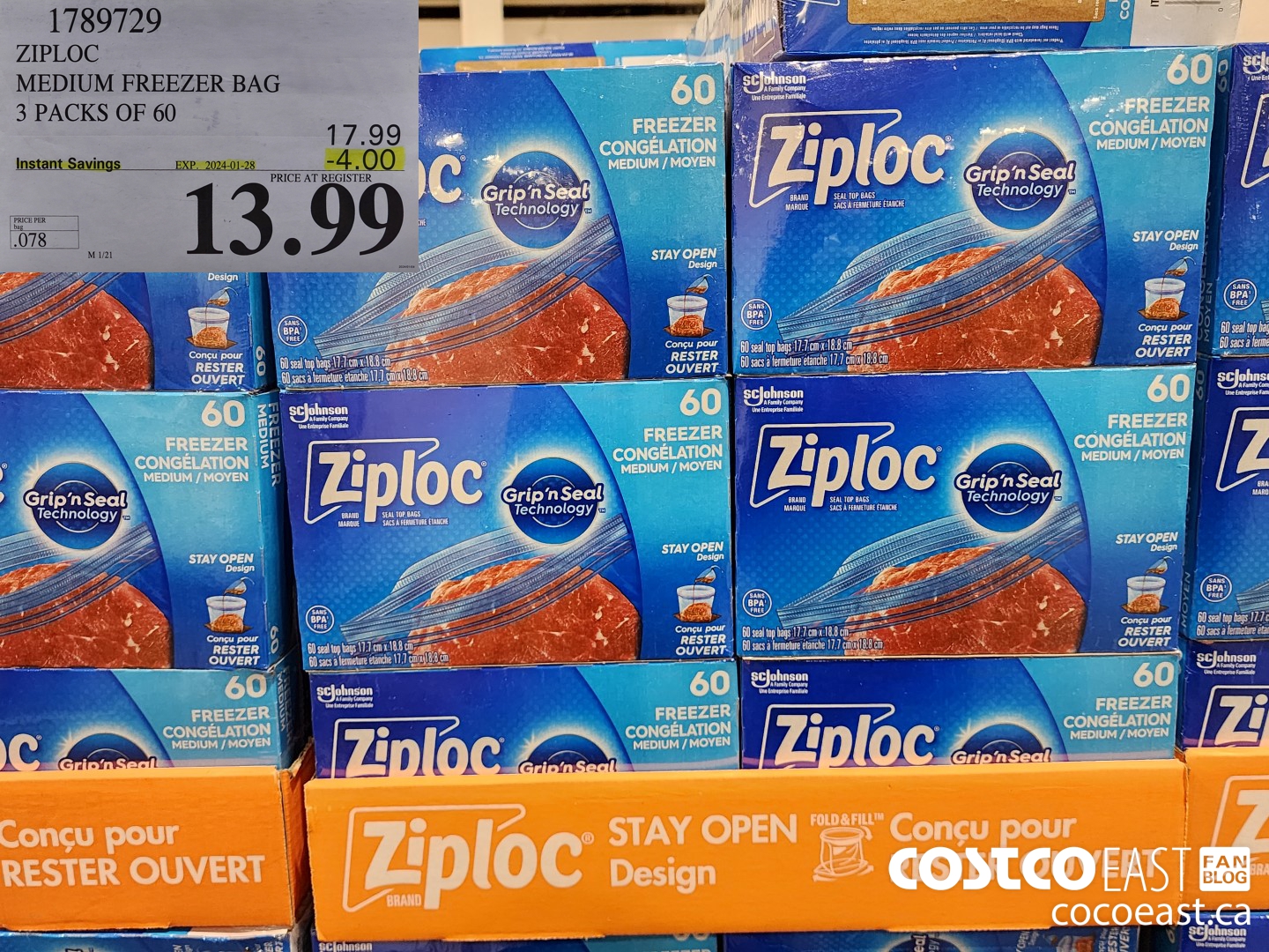 1789729 ZIPLOC MEDIUM FREEZER BAG 3 PACKS OF 60 ($4.00 INSTANT SAVINGS EXPIRES ON 2024-01-28) $13.99
