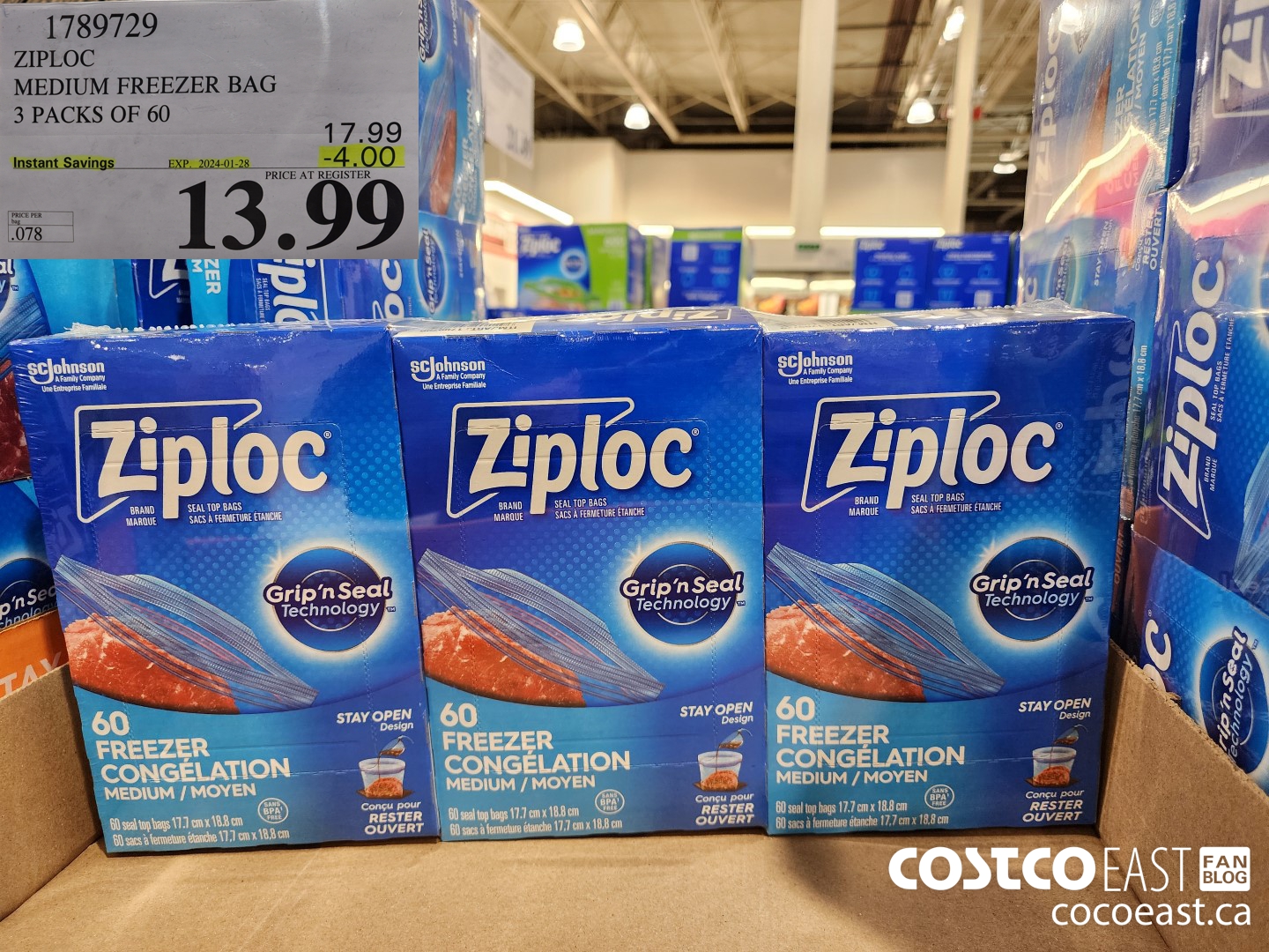 1789729 ZIPLOC MEDIUM FREEZER BAG 3 PACKS OF 60 ($4.00 INSTANT SAVINGS EXPIRES ON 2024-01-28) $13.99