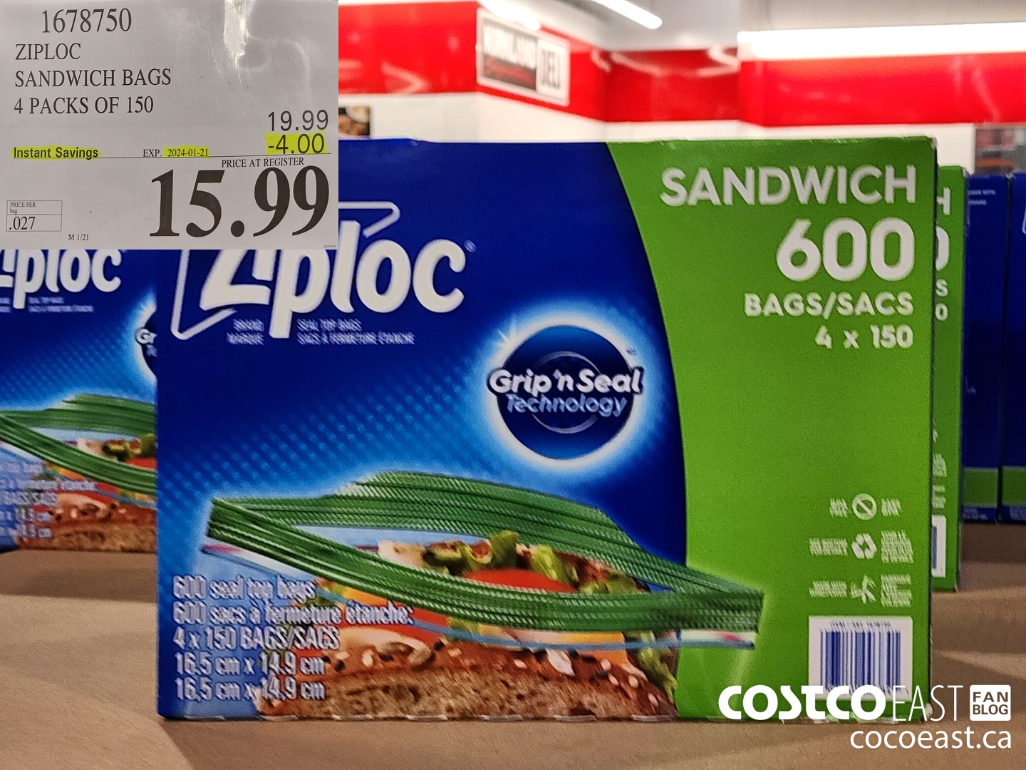 1678750 ZIPLOC SANDWICH BAGS 4 PACKS OF 150 ($4.00 INSTANT SAVINGS EXPIRES ON 2024-01-21) $15.99
