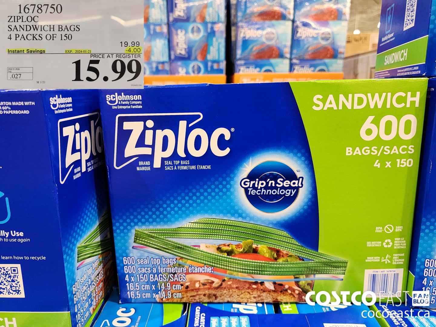 1678750 ZIPLOC SANDWICH BAGS 4 PACKS OF 150 ($4.00 INSTANT SAVINGS EXPIRES ON 2024-01-21) $15.99