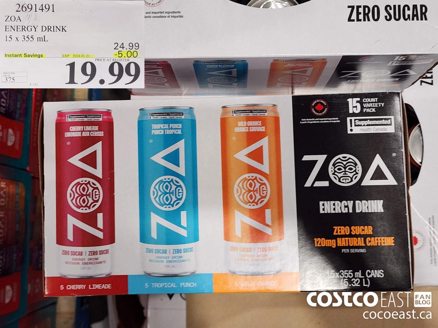 2691491 ZOA ENERGY DRINK 15 x 335 ML ($5.00 INSTANT SAVINGS EXPIRES ON 2024-01-21) $19.99