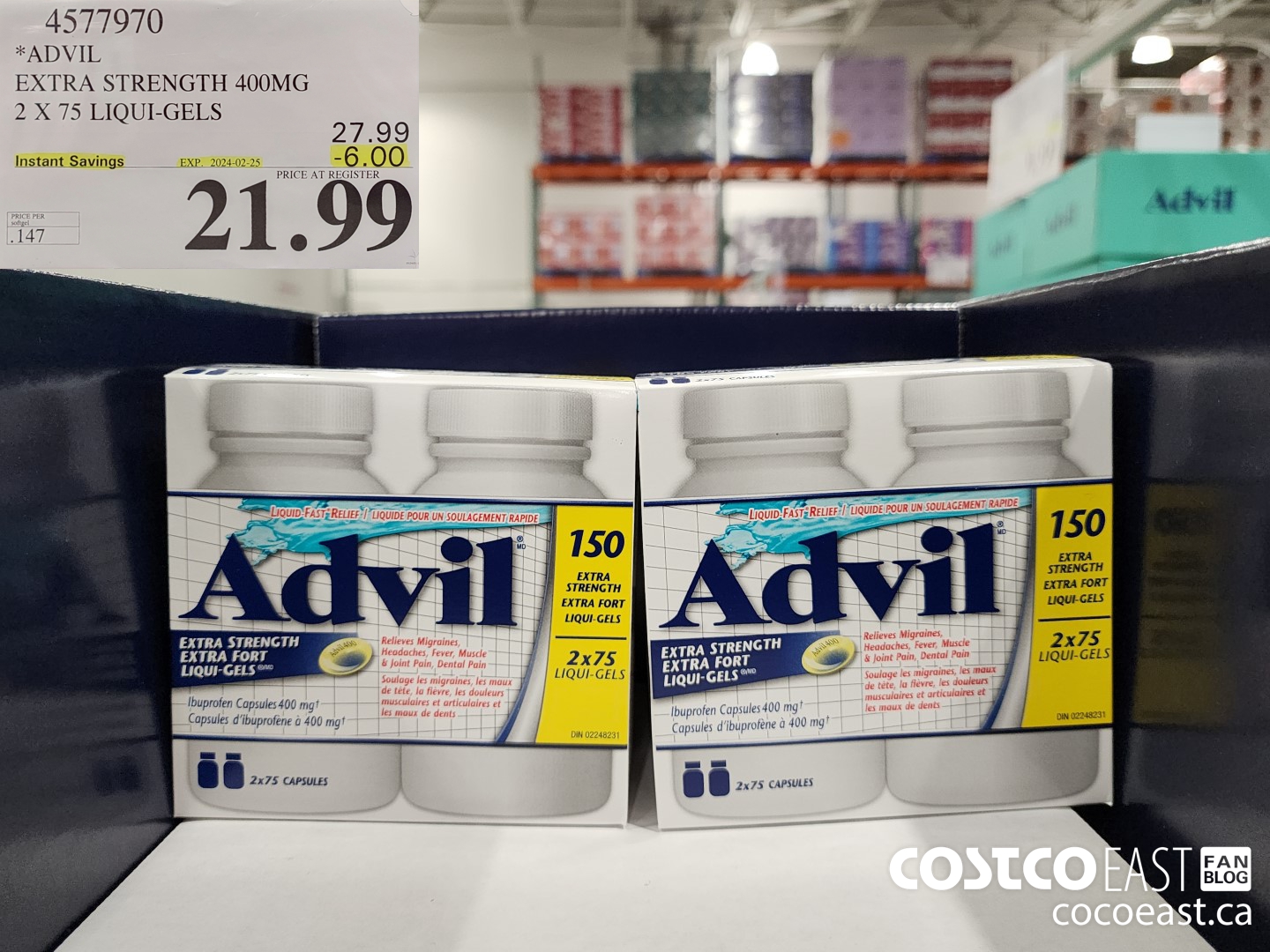 4577970 ADVIL EXTRA STRENGTH 400 MG 2 X 75 LIQUI-GELS ($6.00 INSTANT SAVINGS EXPIRES ON 2024-02-25) $21.99