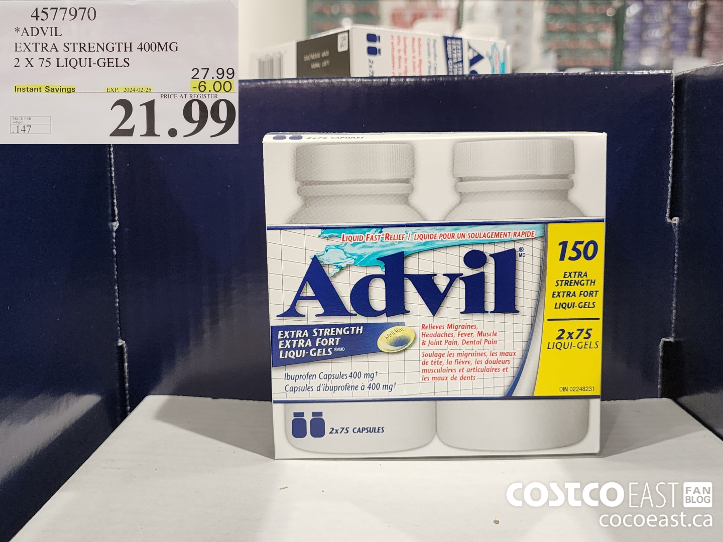 4577970 ADVIL EXTRA STRENGTH 400 MG 2 X 75 LIQUI-GELS ($6.00 INSTANT SAVINGS EXPIRES ON 2024-02-25) $21.99