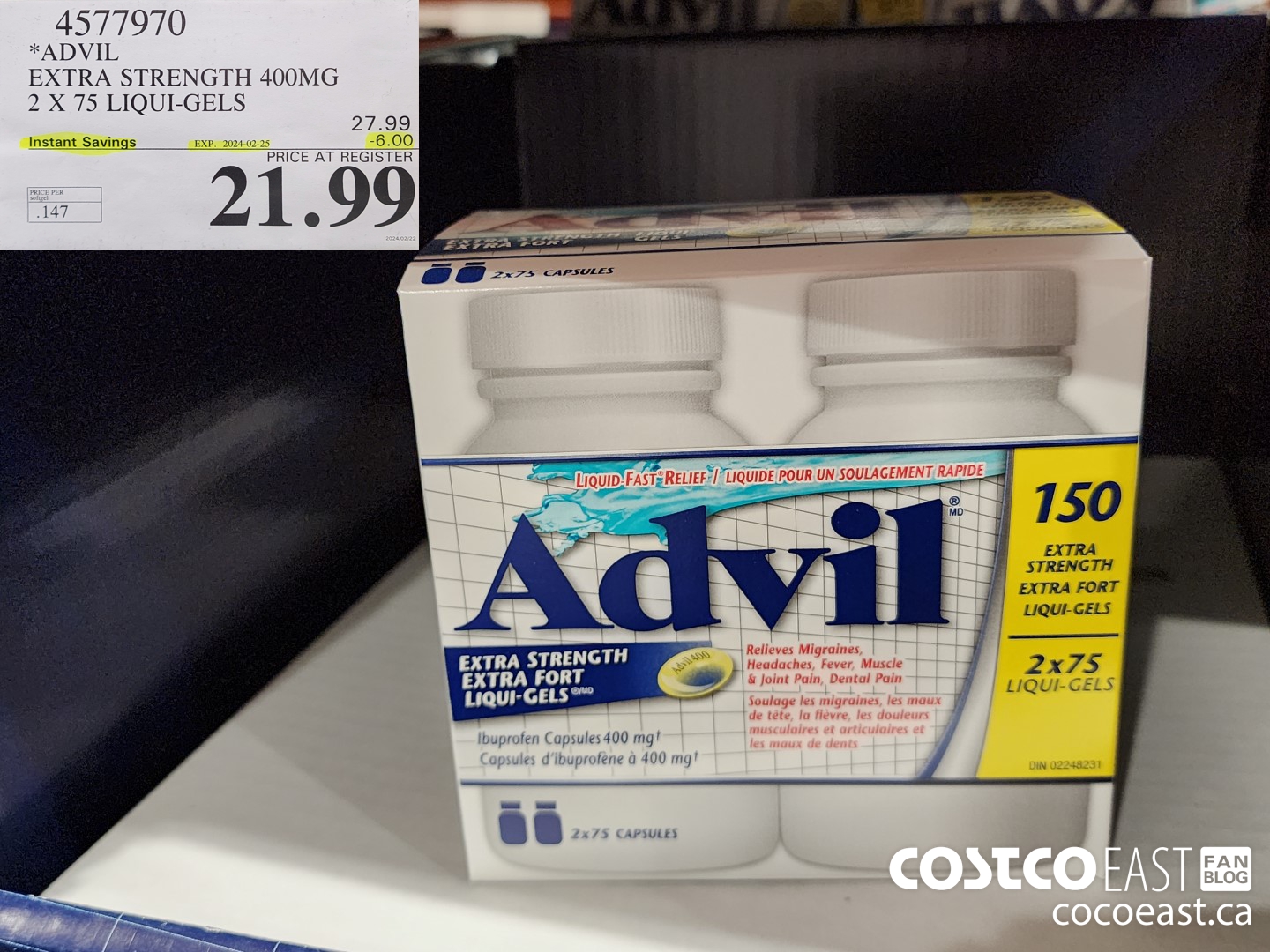 4577970 ADVIL EXTRA STRENGTH 400 MG 2 X 75 LIQUI-GELS ($6.00 INSTANT SAVINGS EXPIRES ON 2024-02-25) $21.99