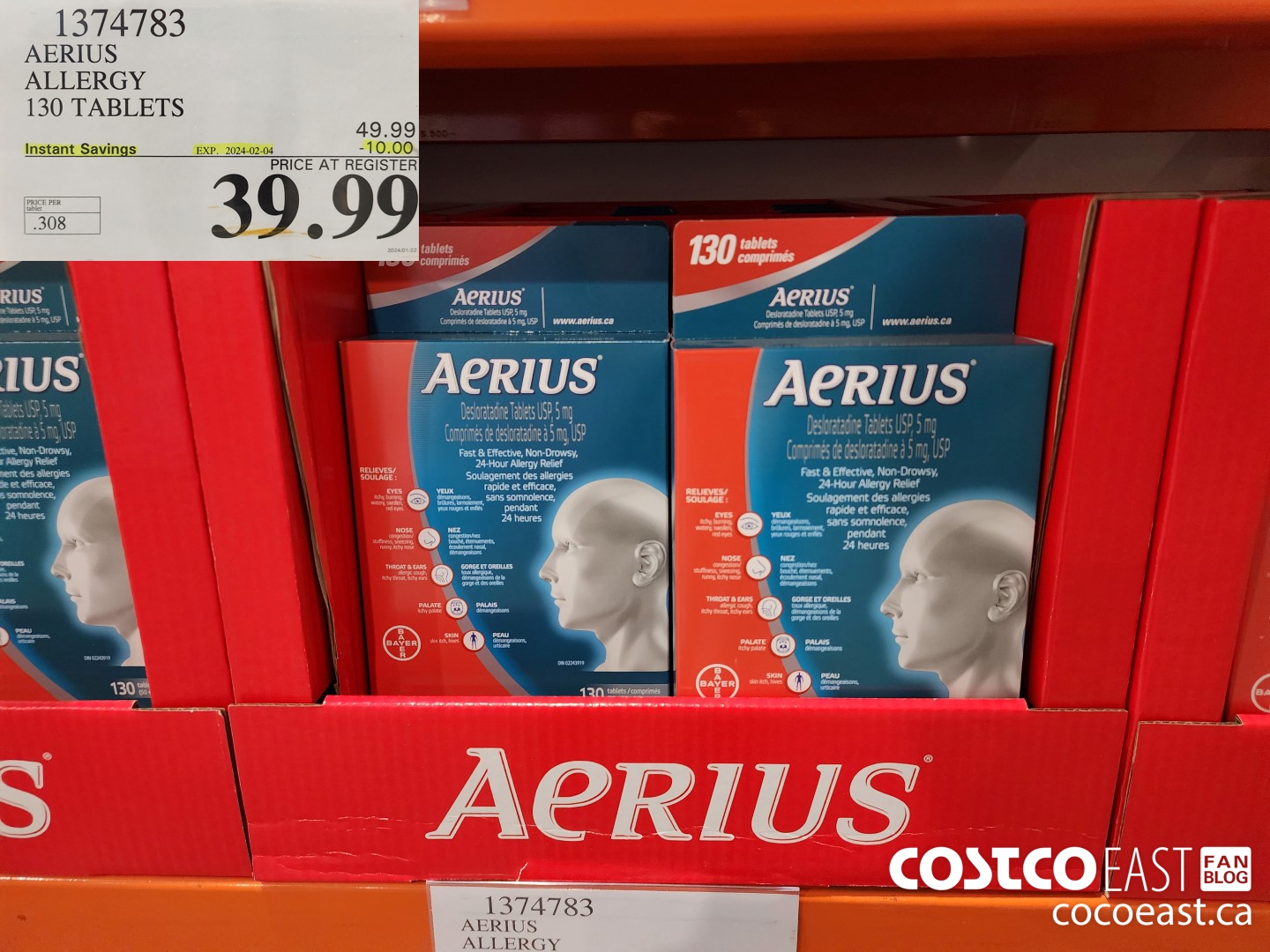 1374783 AERIUS ALLERGY 130 TABLETS ($10.00 INSTANT SAVINGS EXPIRES ON 2024-02-04) $39.99