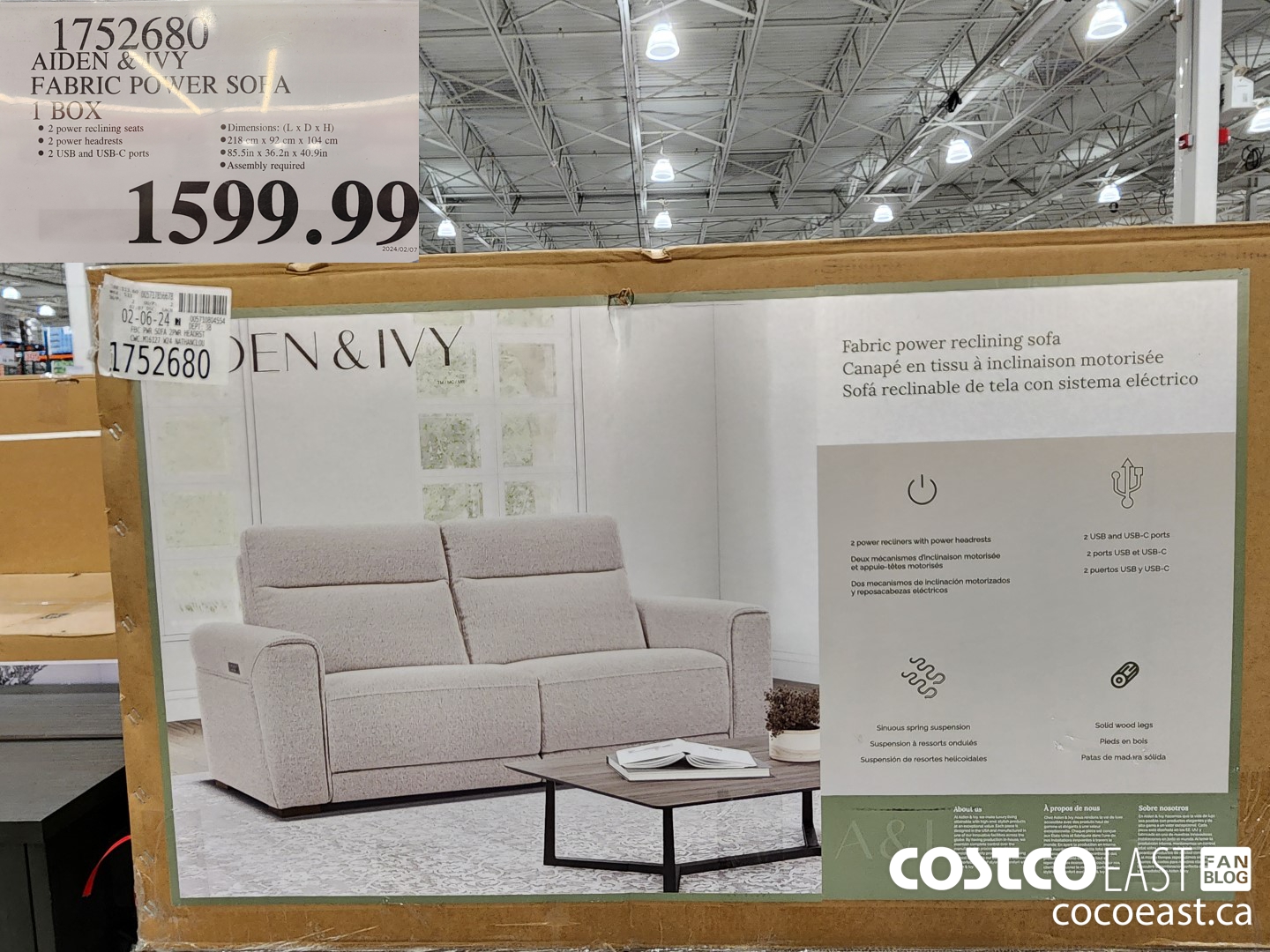 1752680 AIDEN & IVY FABRIC POWER SOFA 1 BOX $1599.99