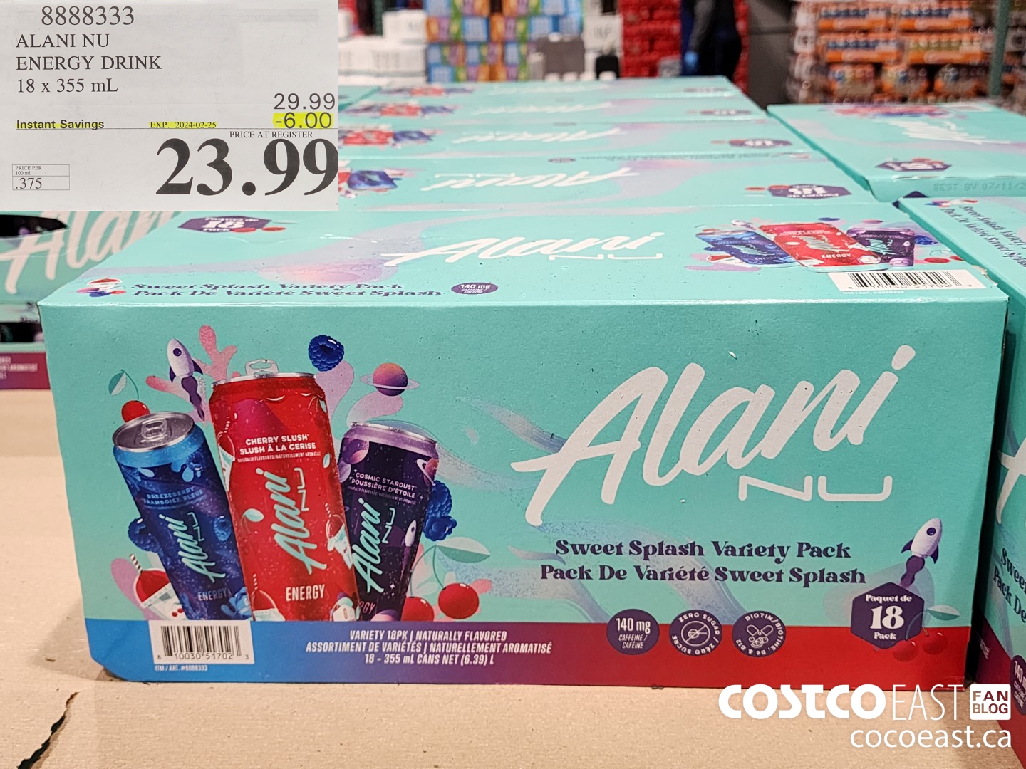 8888333 ALANI NU ENERGY DRINK 18 X 355 ML ($6.00 INSTANT SAVINGS EXPIRES ON 2024-02-24) $23.99
