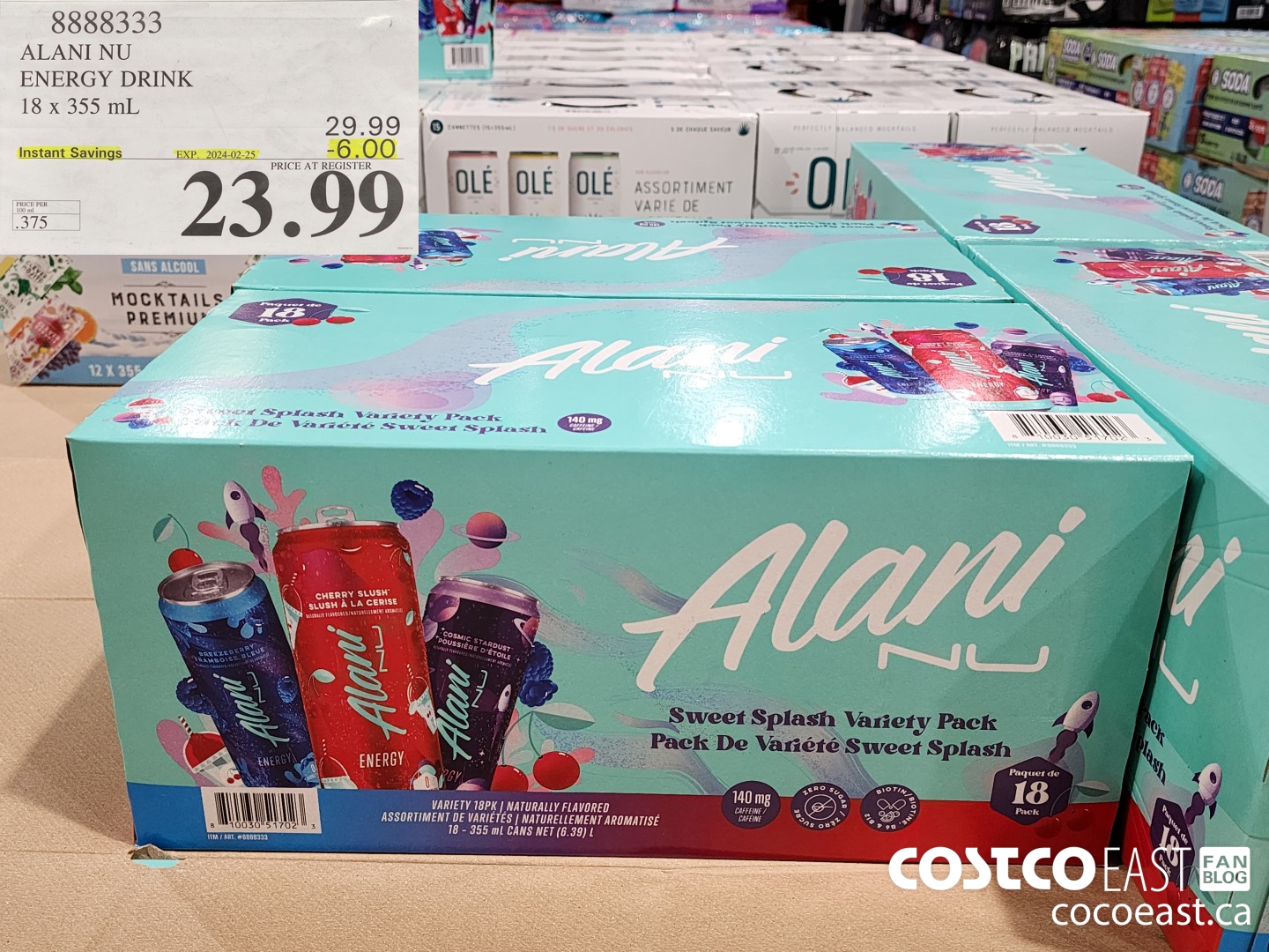 8888333 ALANI NU ENERGY DRINK 18 X 355 ML ($6.00 INSTANT SAVINGS EXPIRES ON 2024-02-25) $23.99