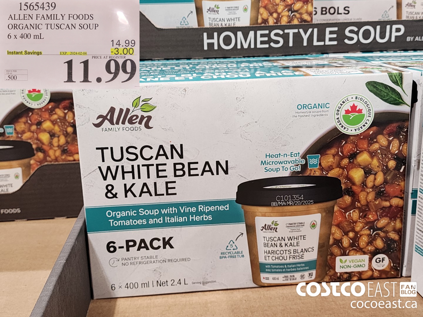 1565439 ALLEN FAMILY FOODS ORGANIC TUSCAN SOUP 6 x 400 mL ($3.00 INSTANT SAVINGS EXPIRES ON 2024-02-04) $11.99