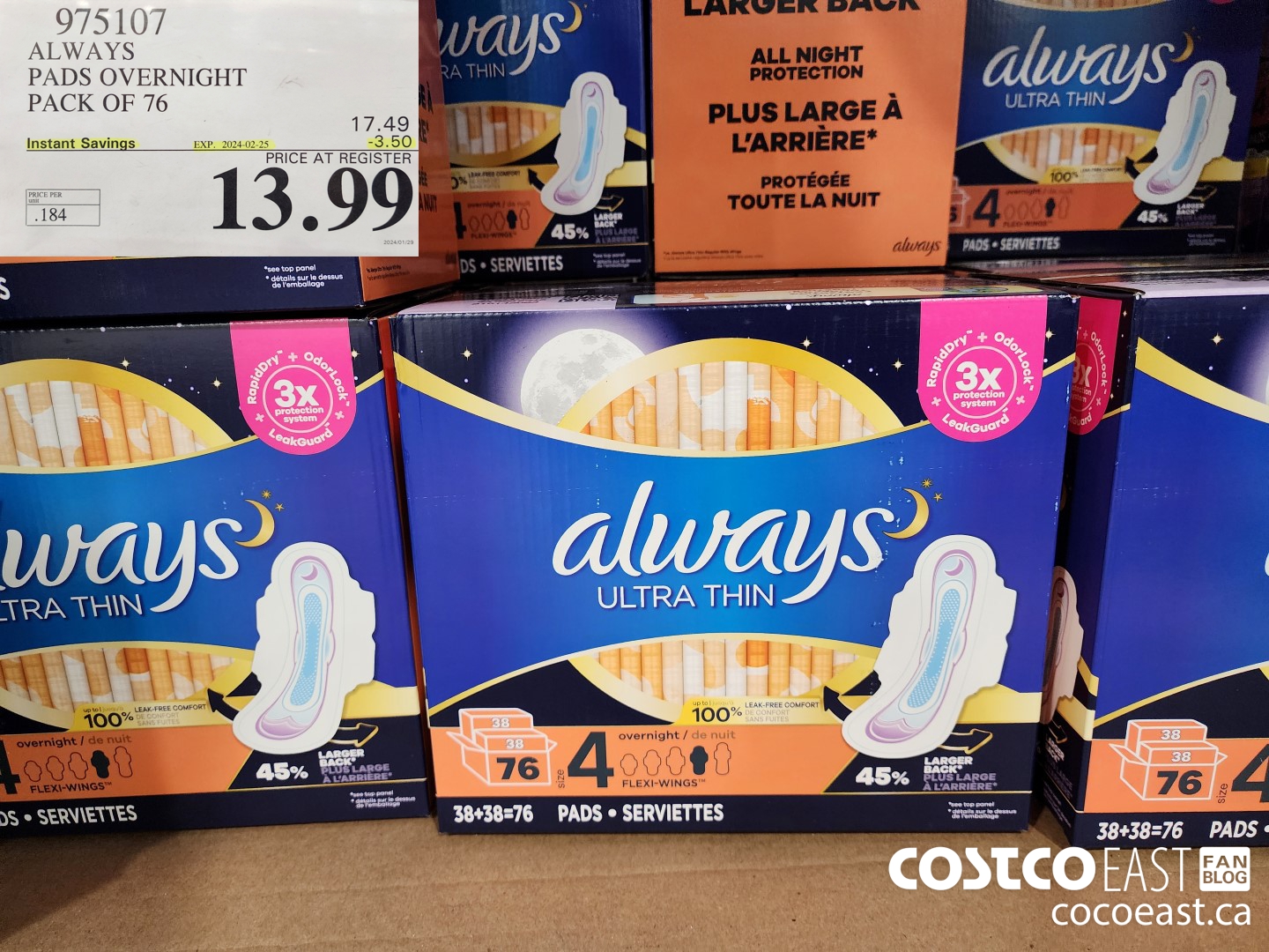 975107 ALWAYS ULTRA THIN PADS OVERNIGHT PACK OF 76 ($3.50 INSTANT SAVINGS EXPIRES ON 2024-02-25) $13.99