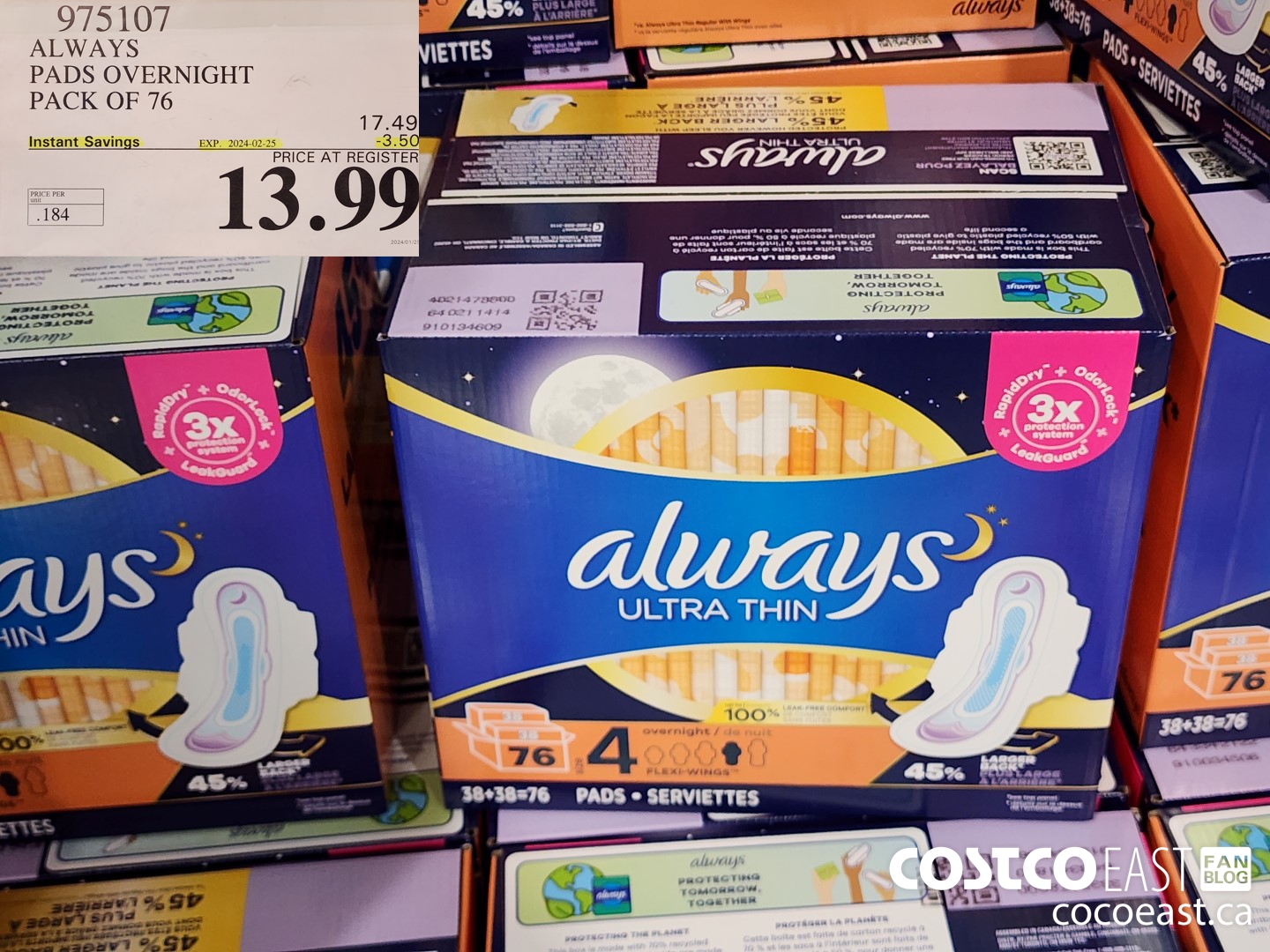975107 ALWAYS ULTRA THIN PADS OVERNIGHT PACK OF 76 ($3.50 INSTANT SAVINGS EXPIRES ON 2024-02-25) $13.99