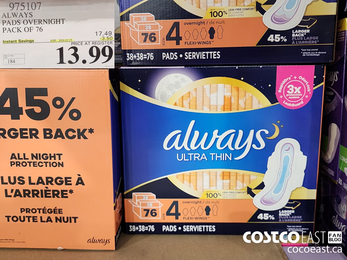 975107 ALWAYS ULTRA THIN PADS OVERNIGHT PACK OF 76 ($3.50 INSTANT SAVINGS EXPIRES ON 2024-02-25) $13.99
