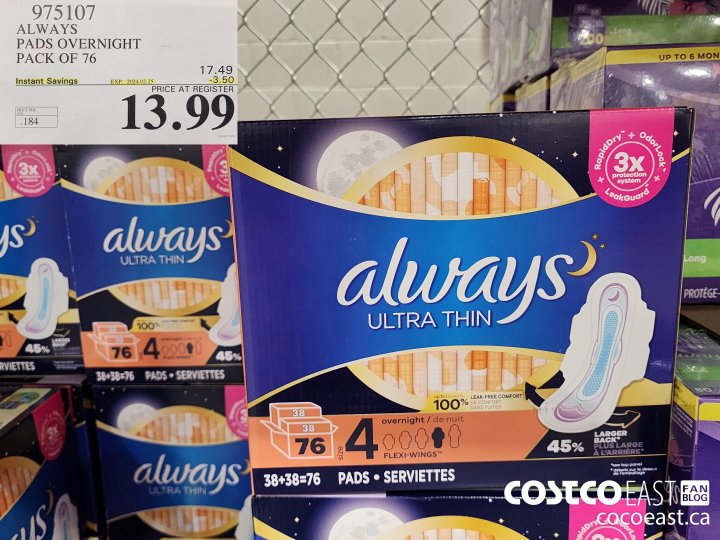 975107 ALWAYS ULTRA THIN PADS OVERNIGHT PACK OF 76 ($3.50 INSTANT SAVINGS EXPIRES ON 2024-02-25) $13.99