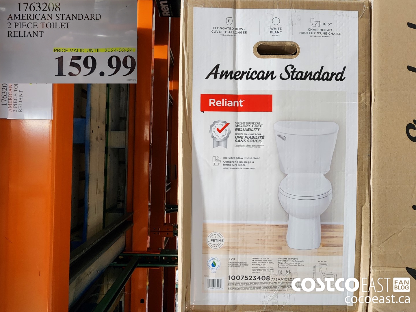 1763208 AMERICAN STANDARD 2 PIECE TOILET RELIANT $159.99