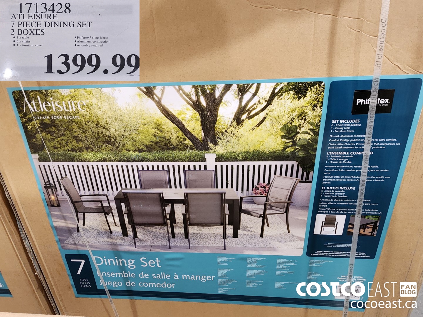 1713428 ATLEISURE 7 PIECE DINING SET 2 BOXES $1399.99
