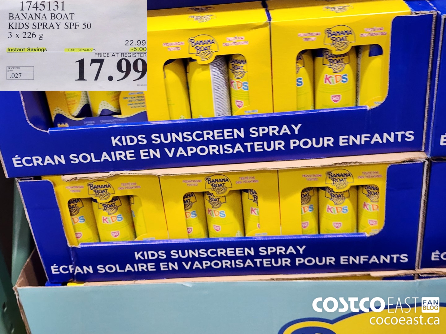 1745131 BANANA BOAT KIDS SPRAY SPF 50 3 X 226 G ($5.00 INSTANT SAVINGS EXPIRES ON 2024-02-25) $17.99