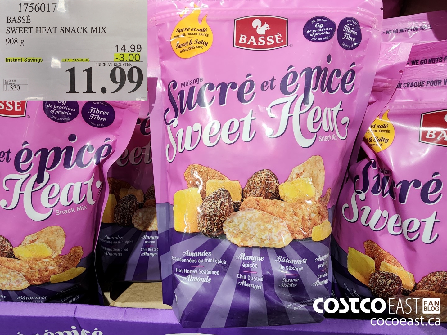 1756017 BASSE SWEET HEAT SNACK MIX 908 g ($3.00 INSTANT SAVINGS EXPIRES ON 2024-03-03) $11.99