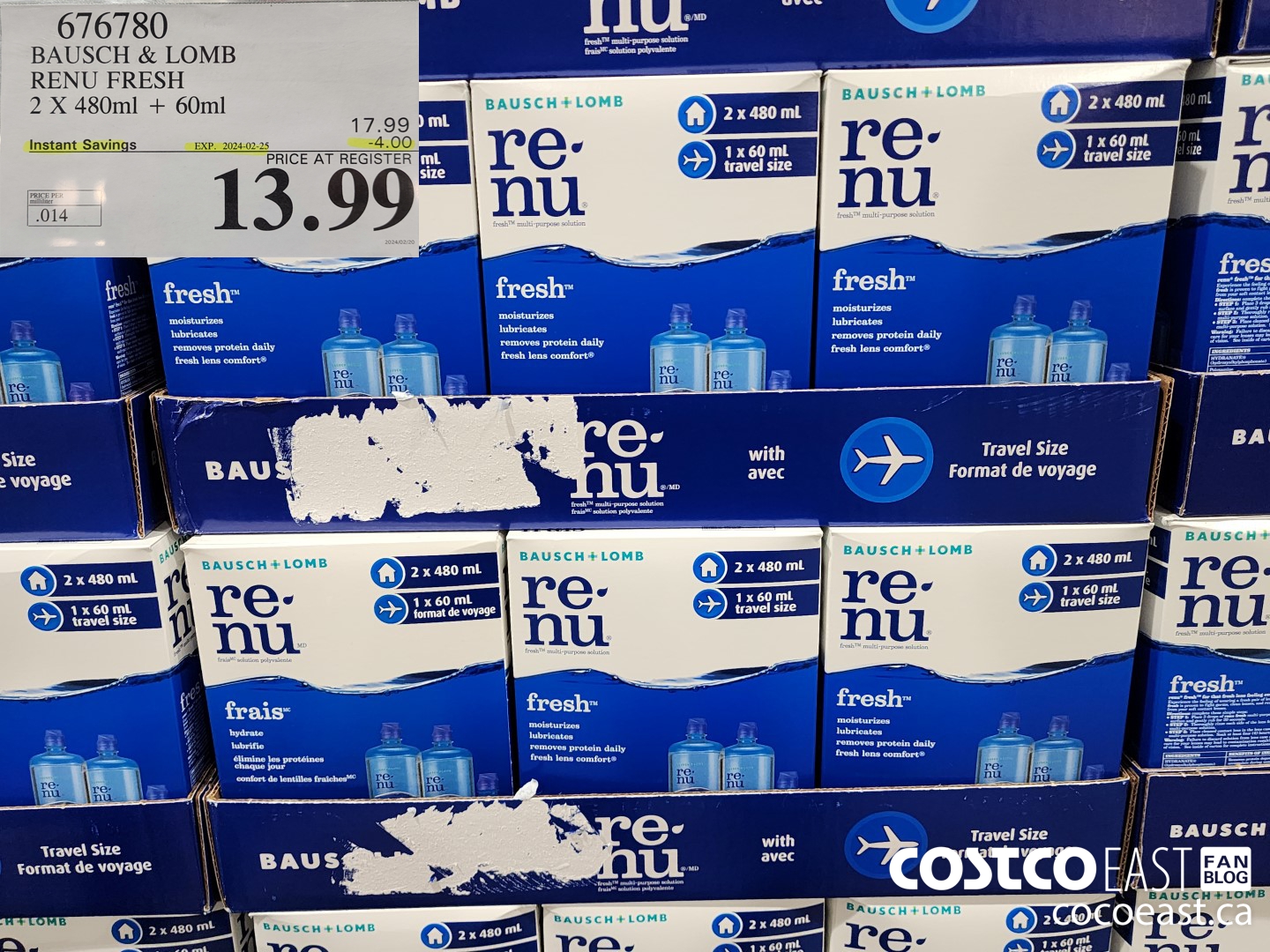 676780 BAUSCH & LOMB RENU FRESH 2 X 480 ML + 60ML ($4.00 INSTANT SAVINGS EXPIRES ON 2024-02-25) $13.99
