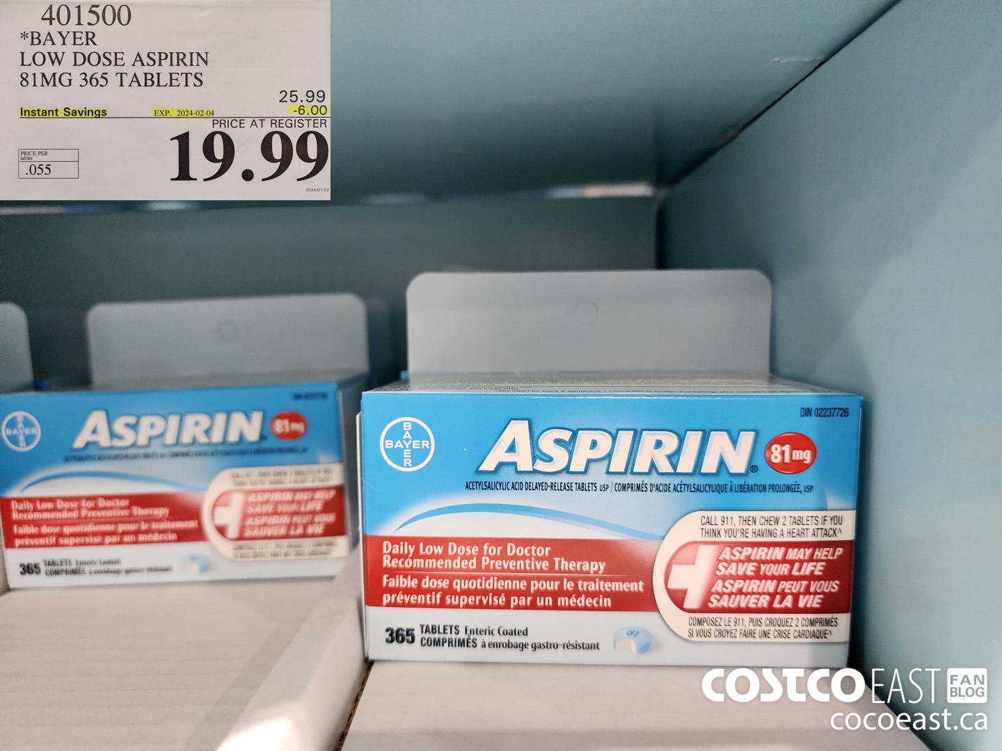 401500 BAYER LOW DOSE ASPIRIN 81MG 365 TABLETS ($6.00 INSTANT SAVINGS EXPIRES ON 2024-02-04) $19.99