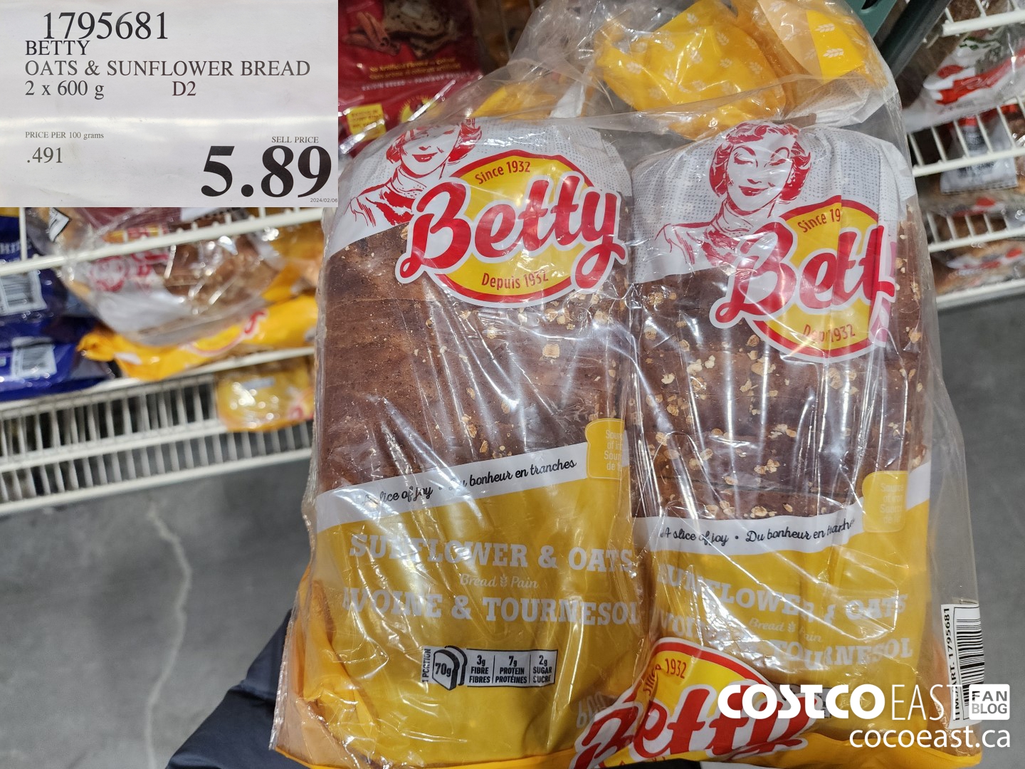 1795681 BETTY OATS & SUNFLOWER BREAD 2 x 600 g $5.89
