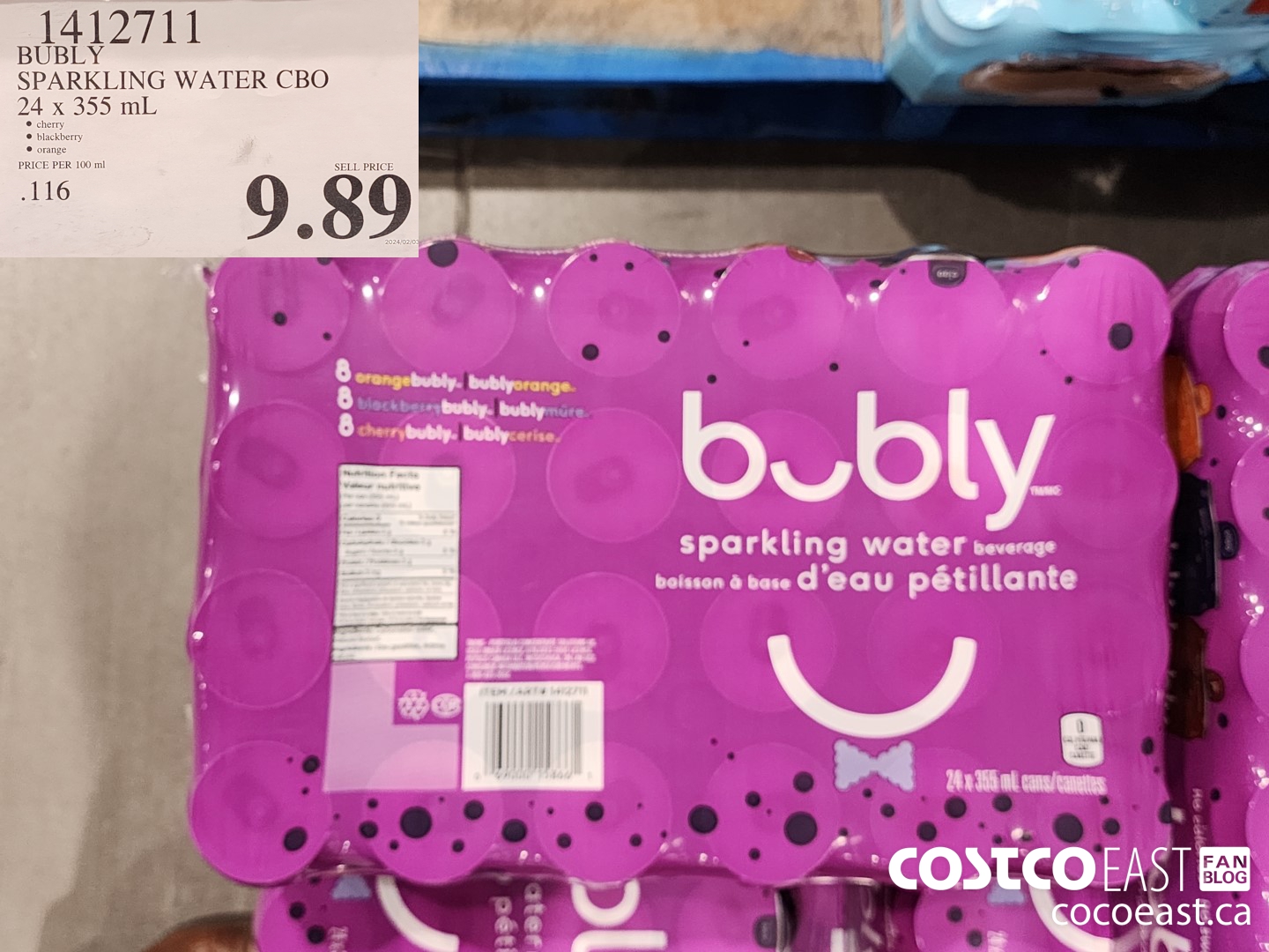1412711 BUBLY SPARKLING WATER 24 X 355 ML $9.89