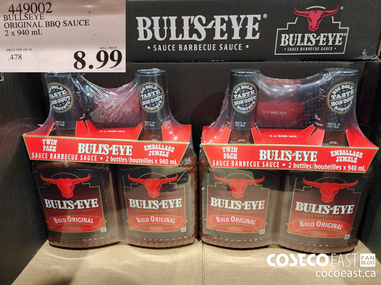 449002 BULLSEYE ORIGINAL BBQ SAUCE 2 X 940 ML $8.99