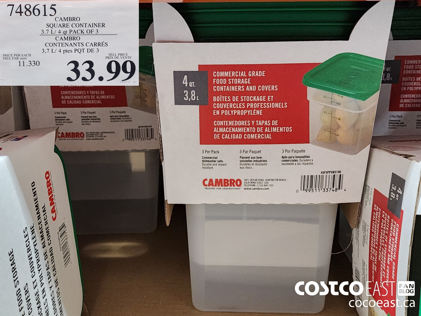 748615 CAMBRO SQUARE CONTAINER 3.7 L/4 qt PACK OF 3 $33.90