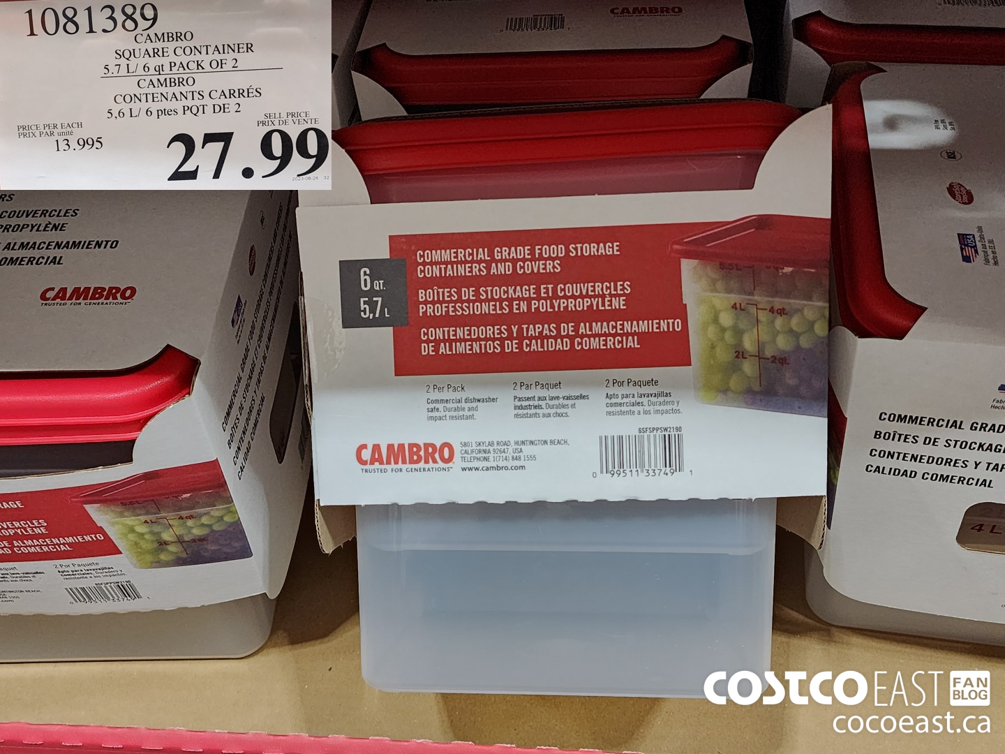 1081389 CAMBRO SQUARE CONTAINER 5.7 L/ 6 QT PACK OF 2 $27.99