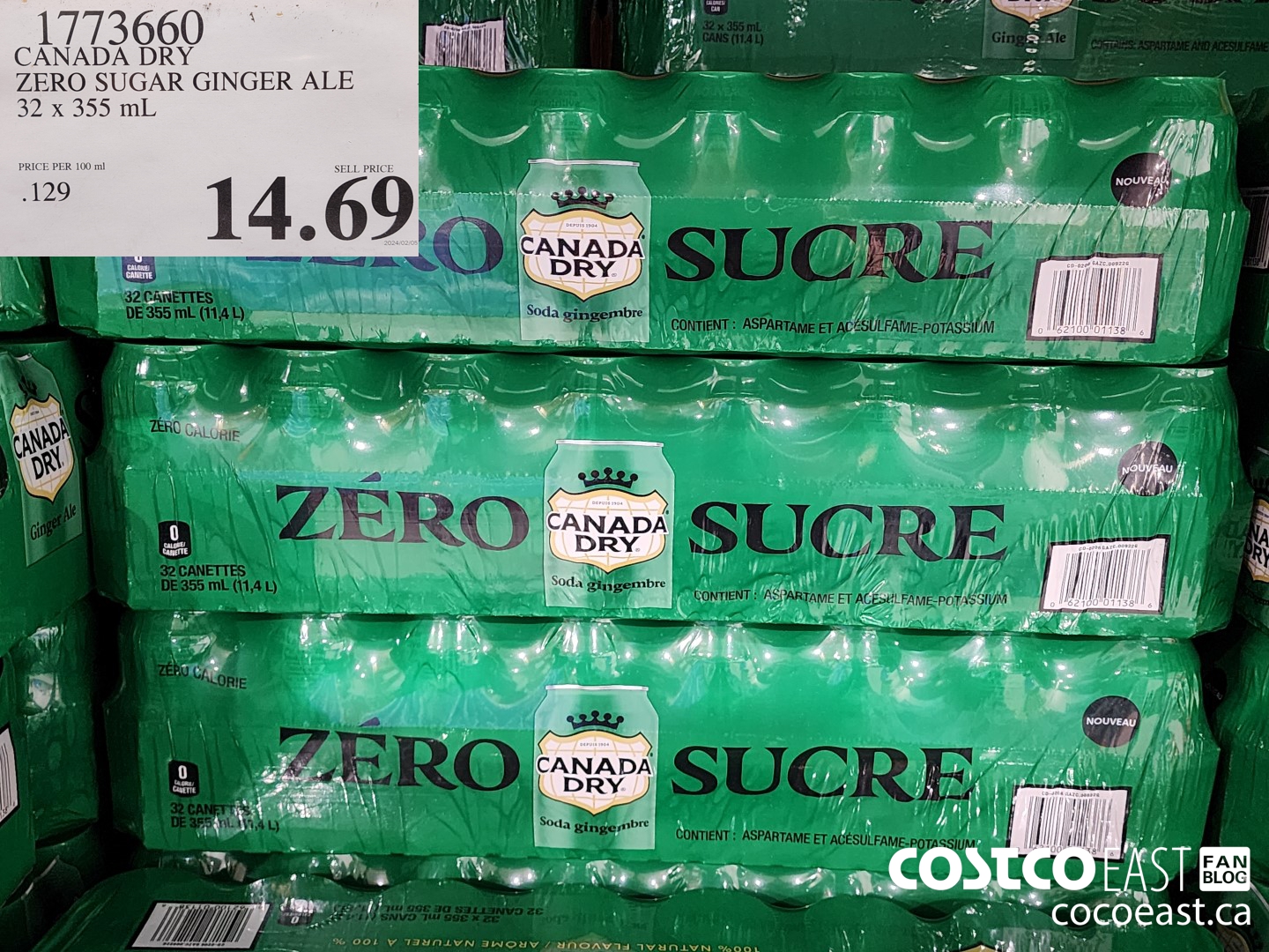 1773660 CANADA DRY ZERO SUGAR GINGER ALE 32 X 355 ML $14.69