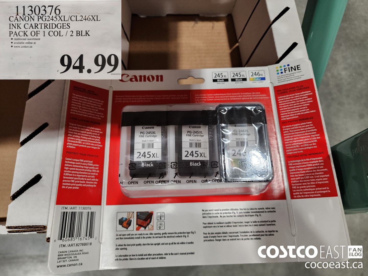 1130376 CANON PG245XL/CL246XL INK CARTRIDGES PACK OF 1 COL / 2 BLK $94.99