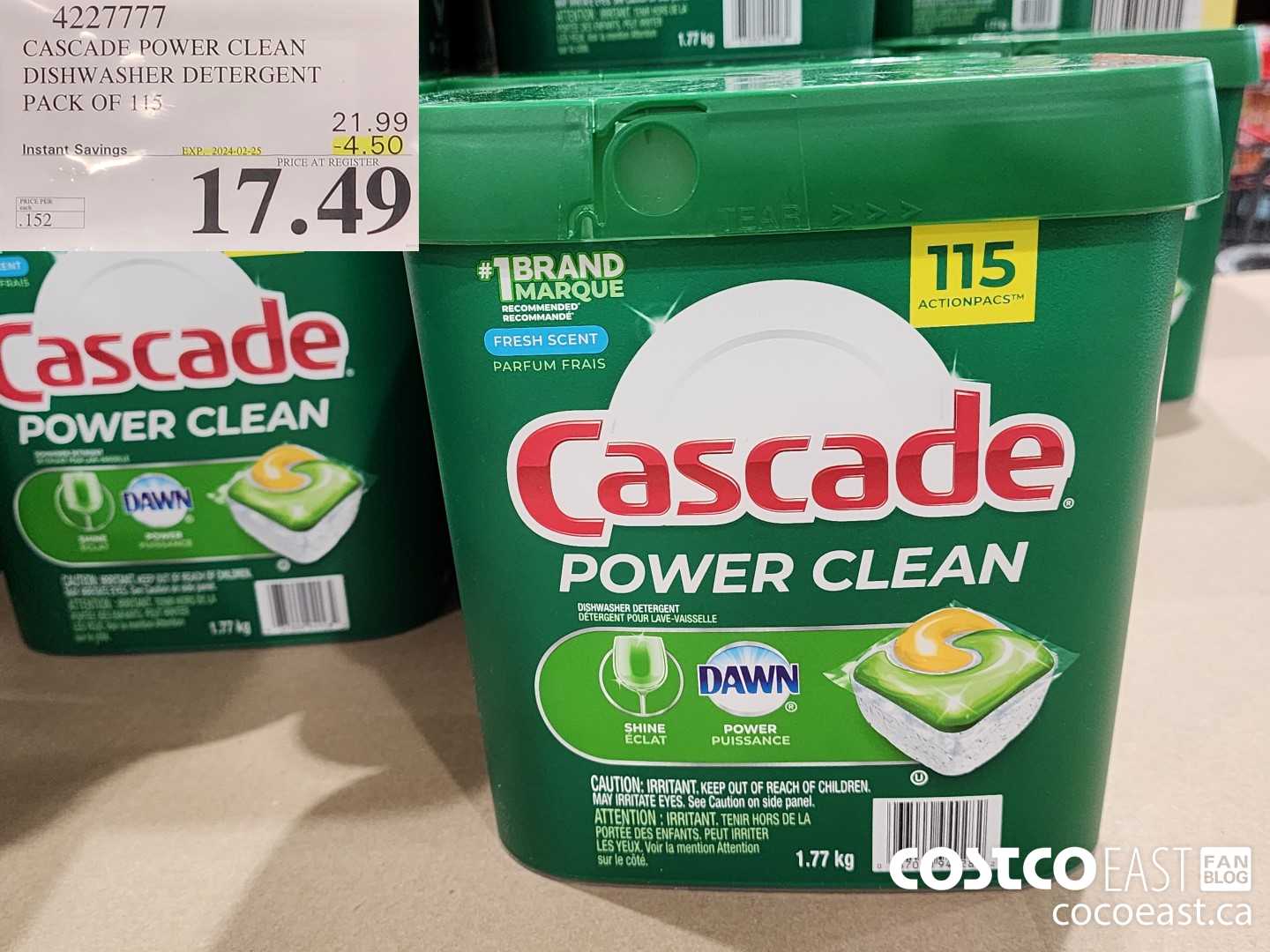 4227777 CASCADE POWER CLEAN DISHWASHER DETERGENT PACK OF 115 ($4.50 INSTANT SAVINGS EXPIRES ON 2024-02-25) $17.49