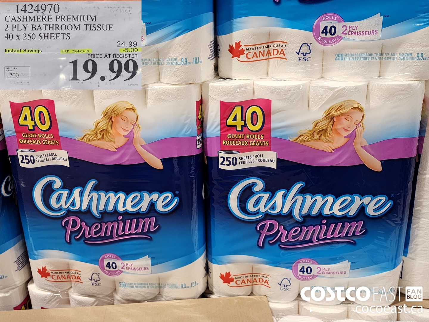 1424970 CASHMERE PREMIUM 2 PLY BATHROOM TISSUE 40 x 250 sheets ($5.00 INSTANT SAVINGS EXPIRES ON 2024-03-10) $19.99