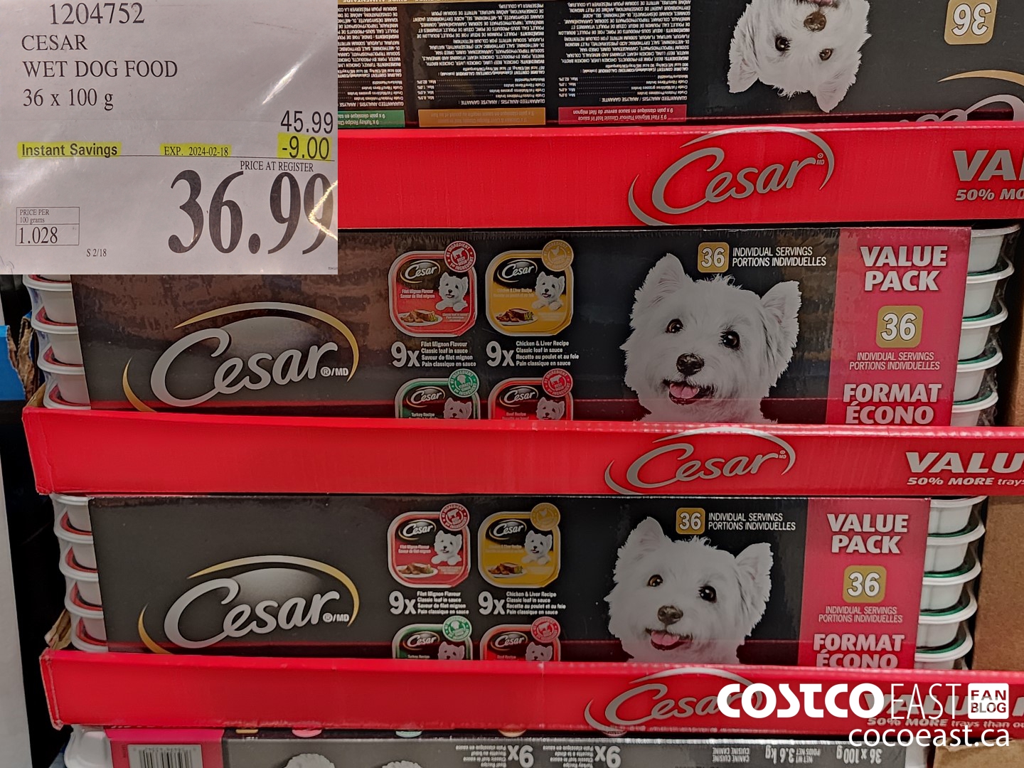 1204752 CESAR WET DOG FOOD 36 x 100 g ($9.00 INSTANT SAVINGS EXPIRES ON 2024-02-18) $36.89