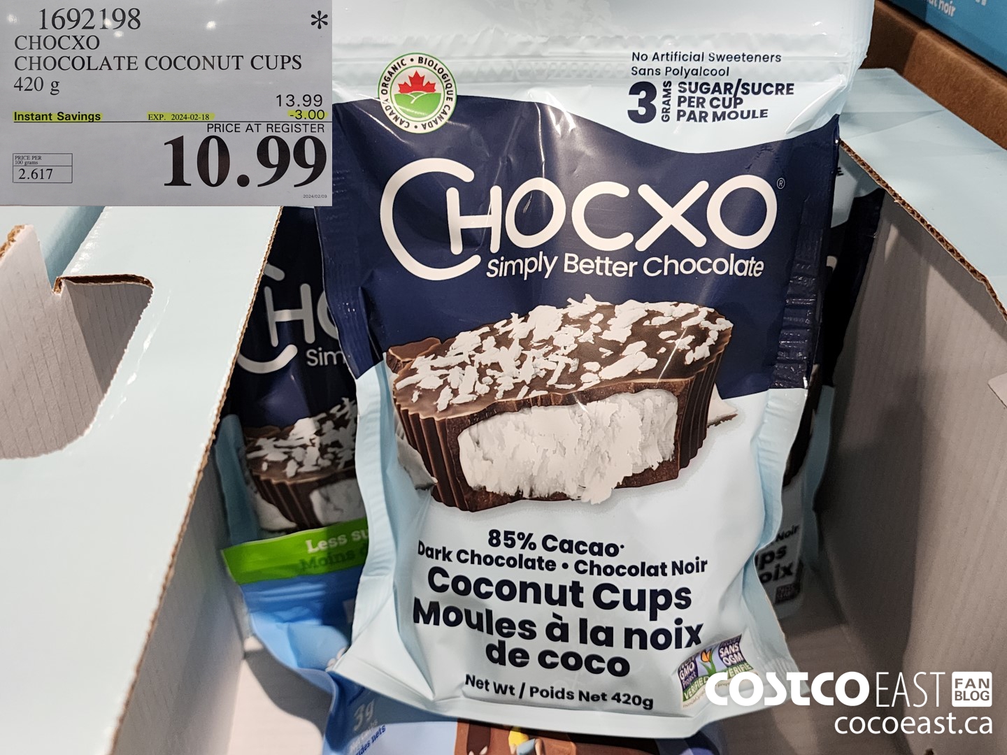 1692198 CHOCXO CHOCOLATE COCONUT CUPS 420 G ($3.00 INSTANT SAVINGS EXPIRES ON 2024-02-18) $10.99
