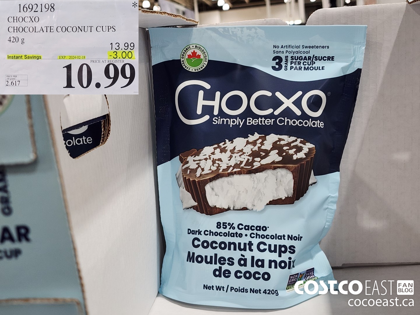 1692198 CHOCXO CHOCOLATE COCONUT CUPS 420 G ($3.00 INSTANT SAVINGS EXPIRES ON 2024-02-18) $10.99