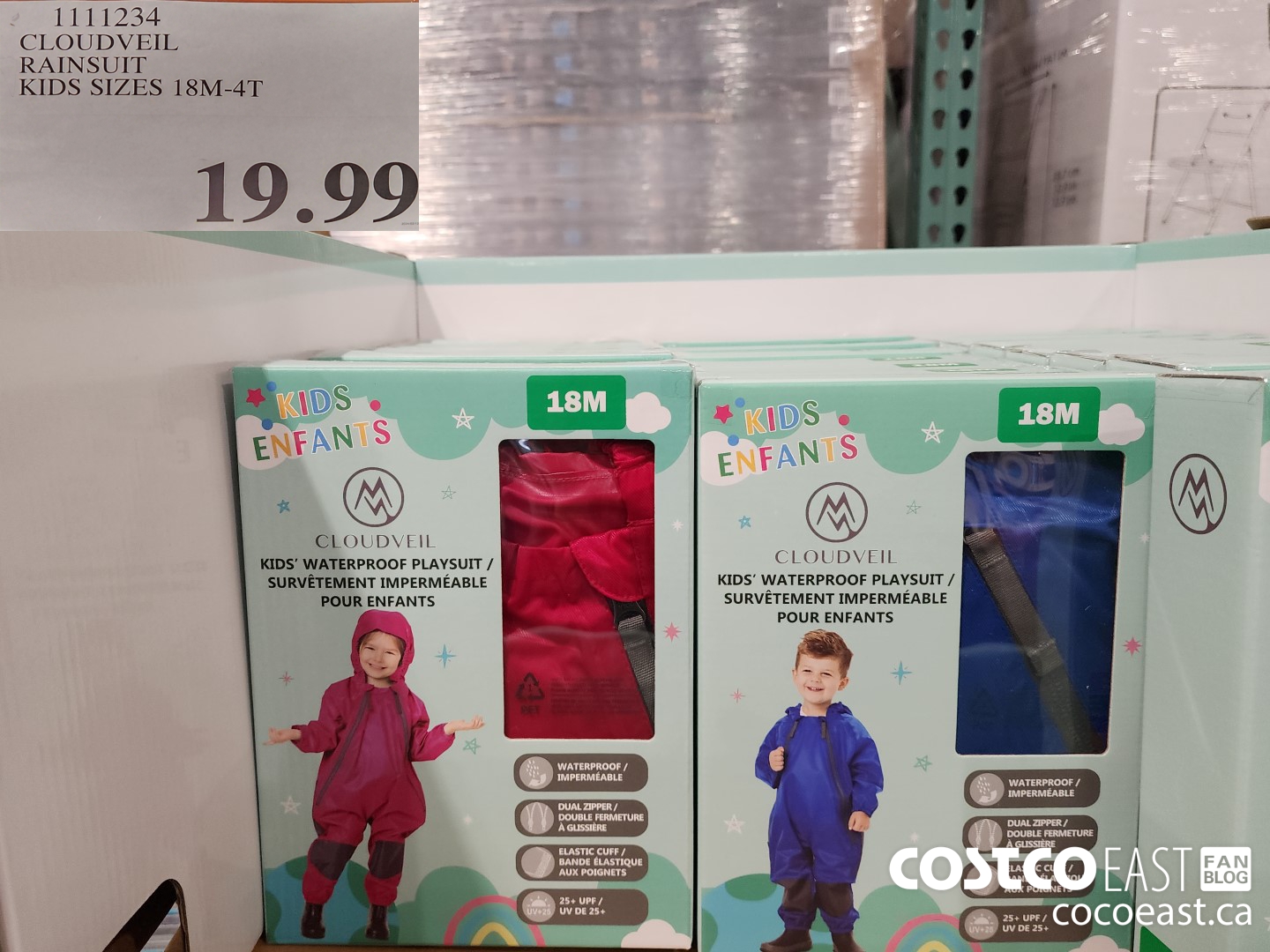 1111234 CLOUDVEIL RAINSUIT KIDS SIZES 18M-4T $19.99