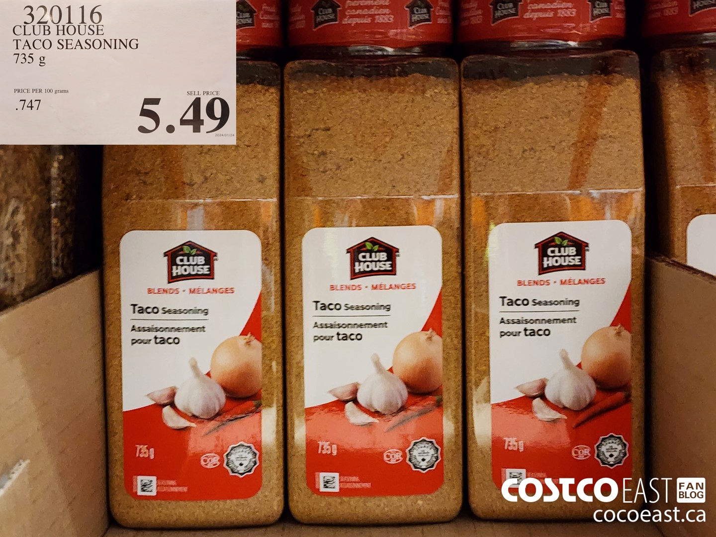 320116 CLUB HOUSE TACO SEASONING i735 G $5.49