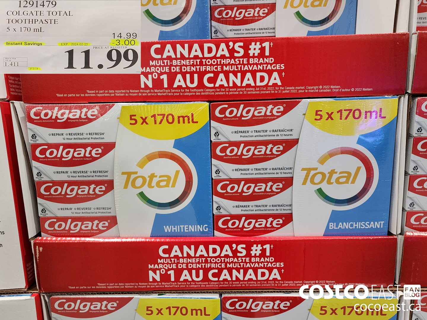 1291479 COLGATE TOTAL TOOTHPASTE 5 x 170 mL ($3.00 INSTANT SAVINGS EXPIRES ON 2024-02-25) $11.99