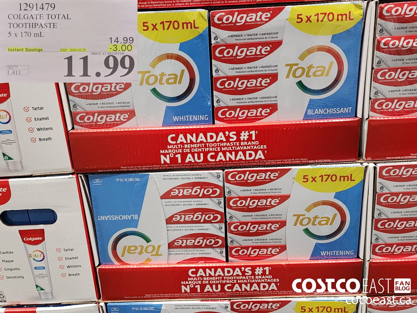 1291479 COLGATE TOTAL TOOTHPASTE 5 x 170 mL ($3.00 INSTANT SAVINGS EXPIRES ON 2024-02-25) $11.99