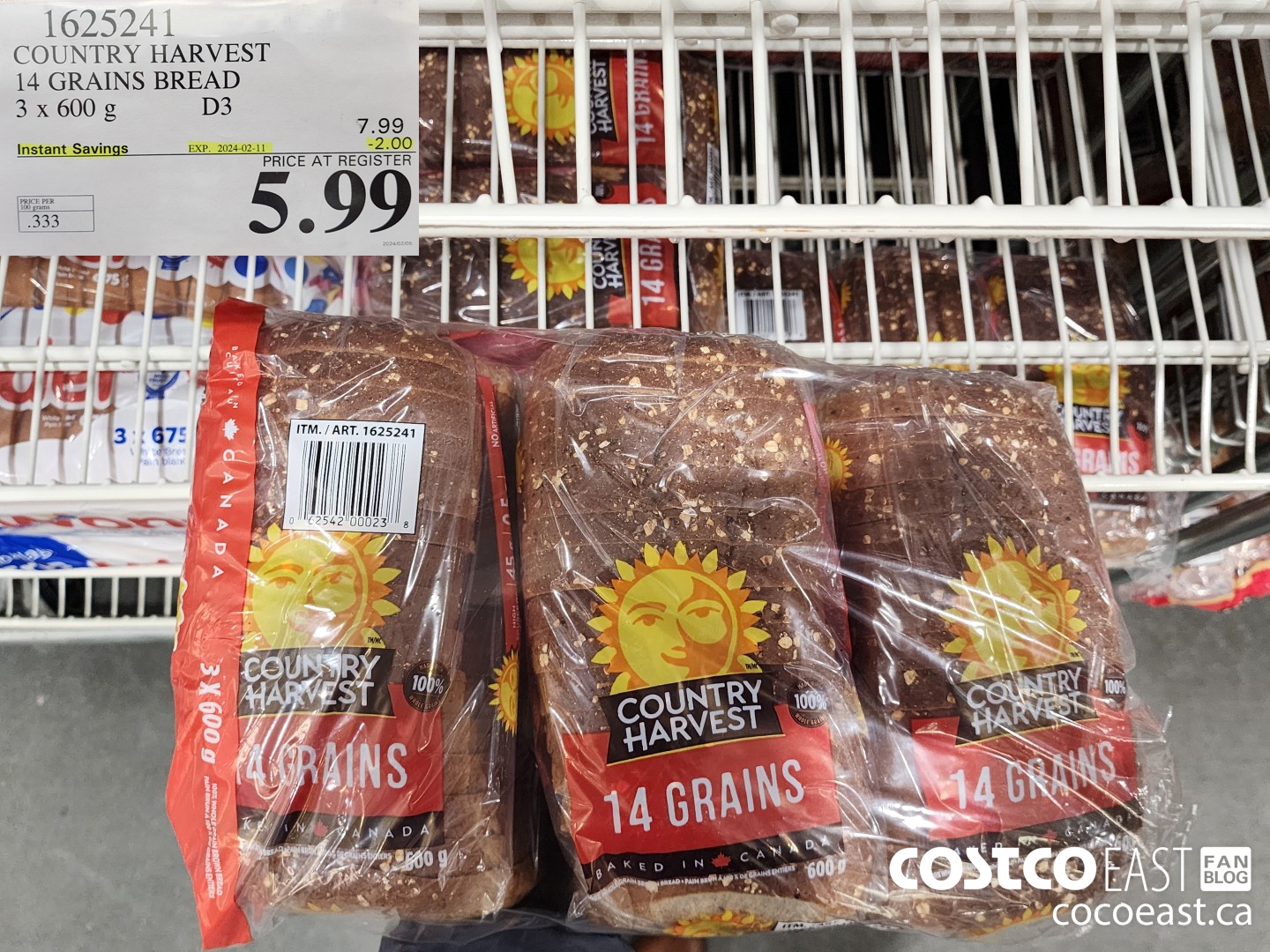 1625241 COUNTRY HARVEST 14 GRAINS BREAD 3 x 600 g ($2.00 INSTANT SAVINGS EXPIRES ON 2024-02-11) $5.99