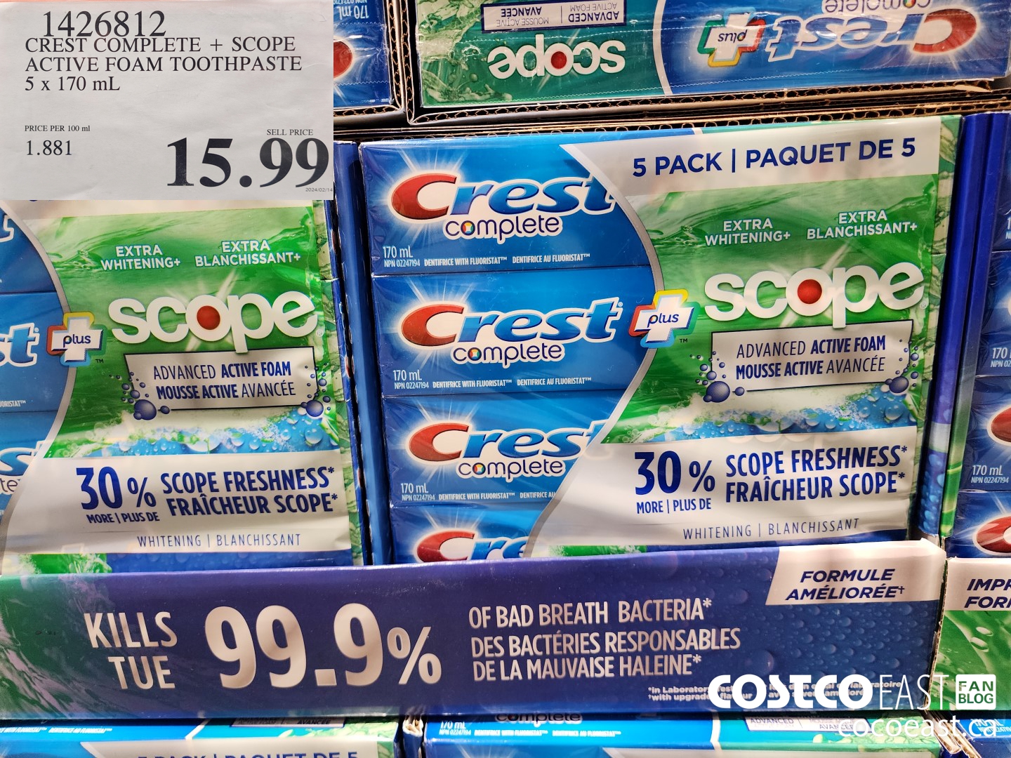 1426812 CREST COMPLETE + SCOPE ACTIVE FOAM TOOTHPASTE 5 X 170 ML $15.99