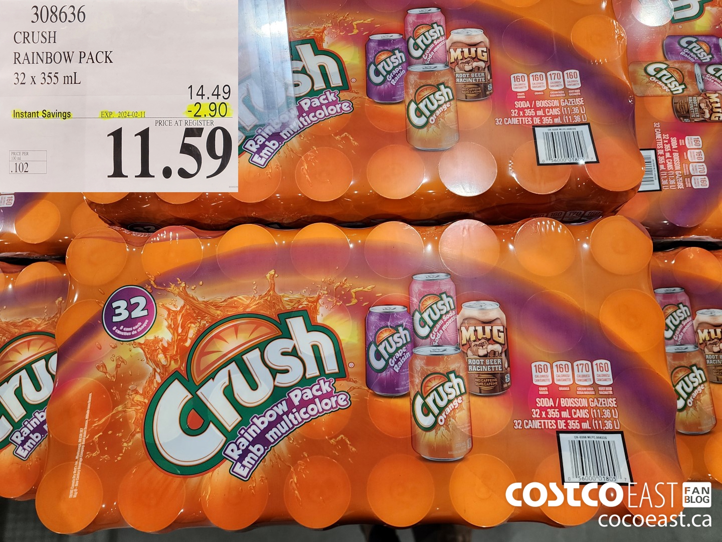308636 CRUSH RAINBOW PACK 32 X 355 ML ($2.90 INSTANT SAVINGS EXPIRES ON 2024-02-11) $11.59